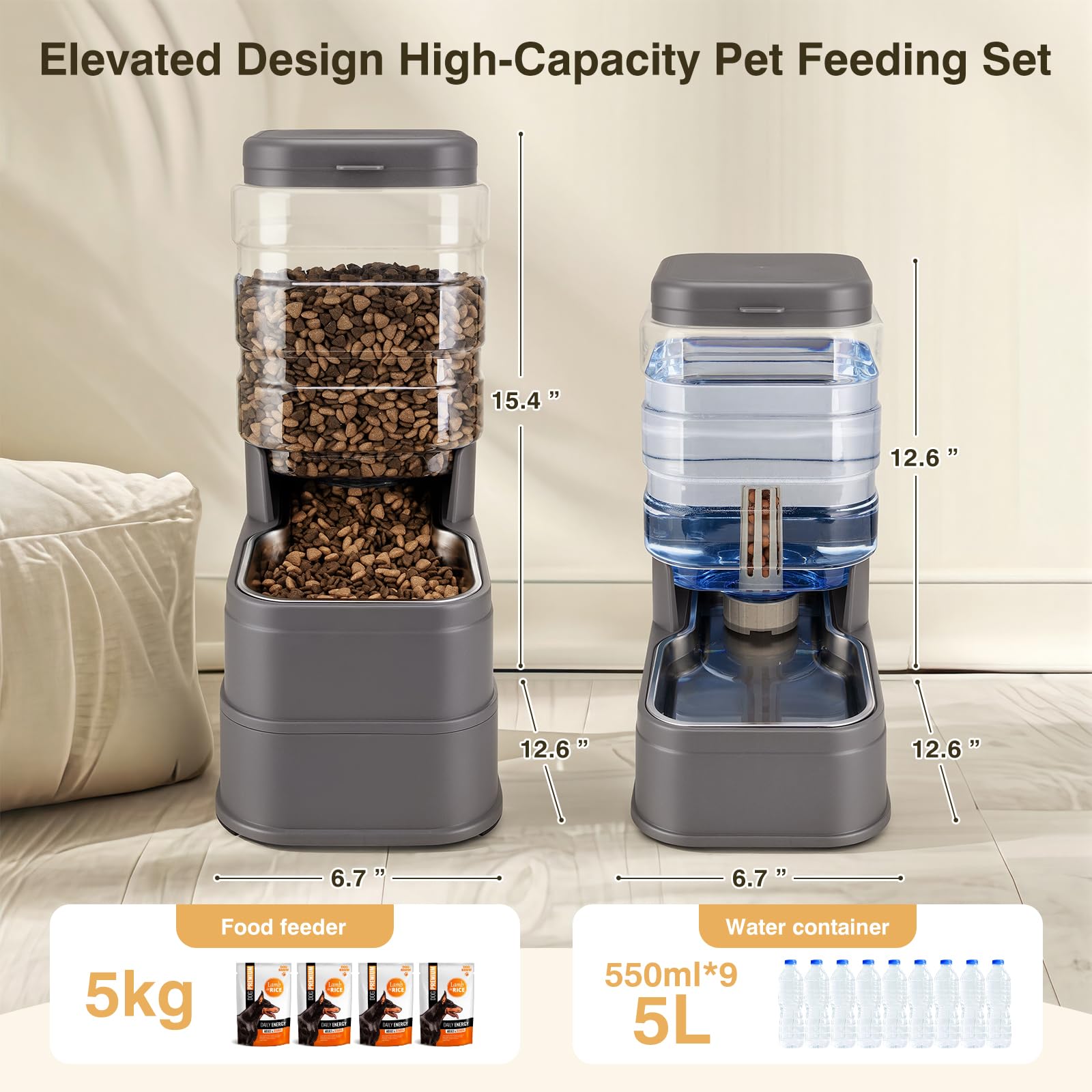 Paquete de 2 comederos automáticos para gatos y dispensador de agua de 1.3 galones, alimentador de alimentos por gravedad para perros y agua con bolsa de hielo, cuenco de acero inoxidable para