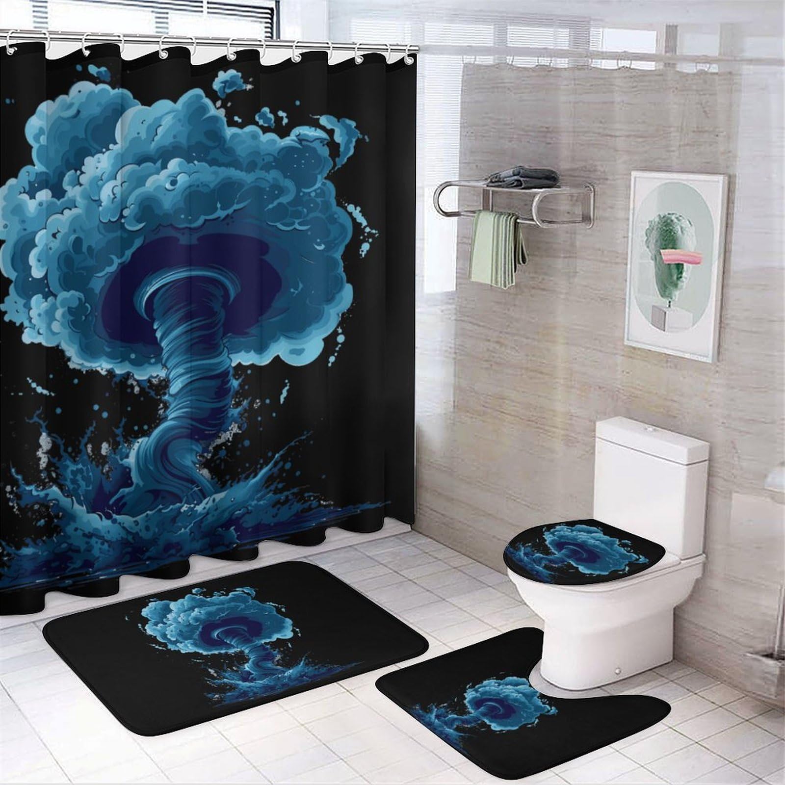 CGSBNGHA Storm-Tornado-Hurricane Shower Curtain Set 4 Piece Bathroom Sets with Rugs Toilet Lid Cover And U-Shaped Floor Mat