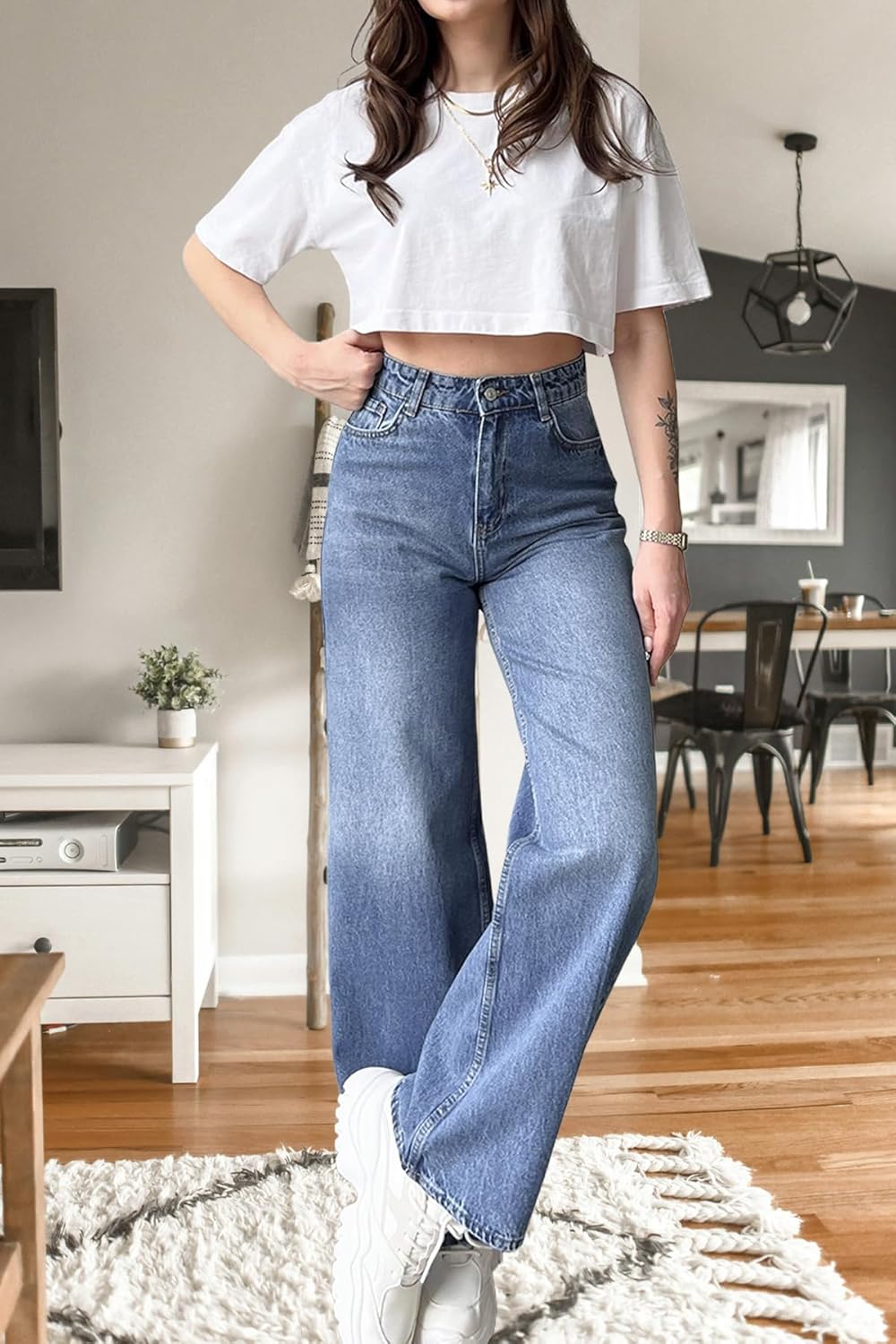 Women's Wide Leg Straight Jeans High Waist Stretchy Boyfriend Classic Denim Pants - Image 8