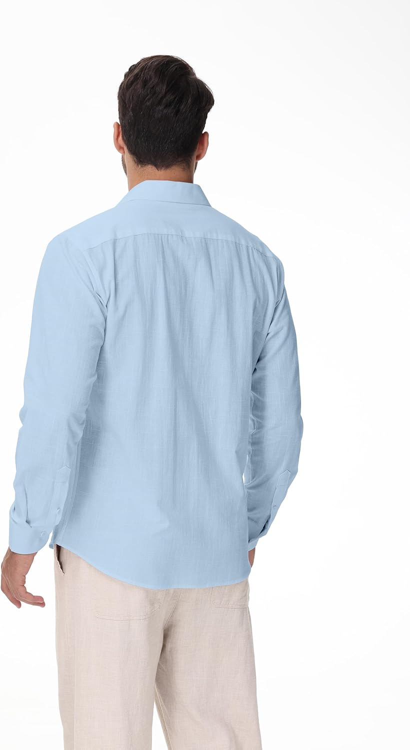 Linen Shirts for Men Casual Button Down Long Sleeve Shirt Solid Summer Beach Hawaiian Shirts - Image 2