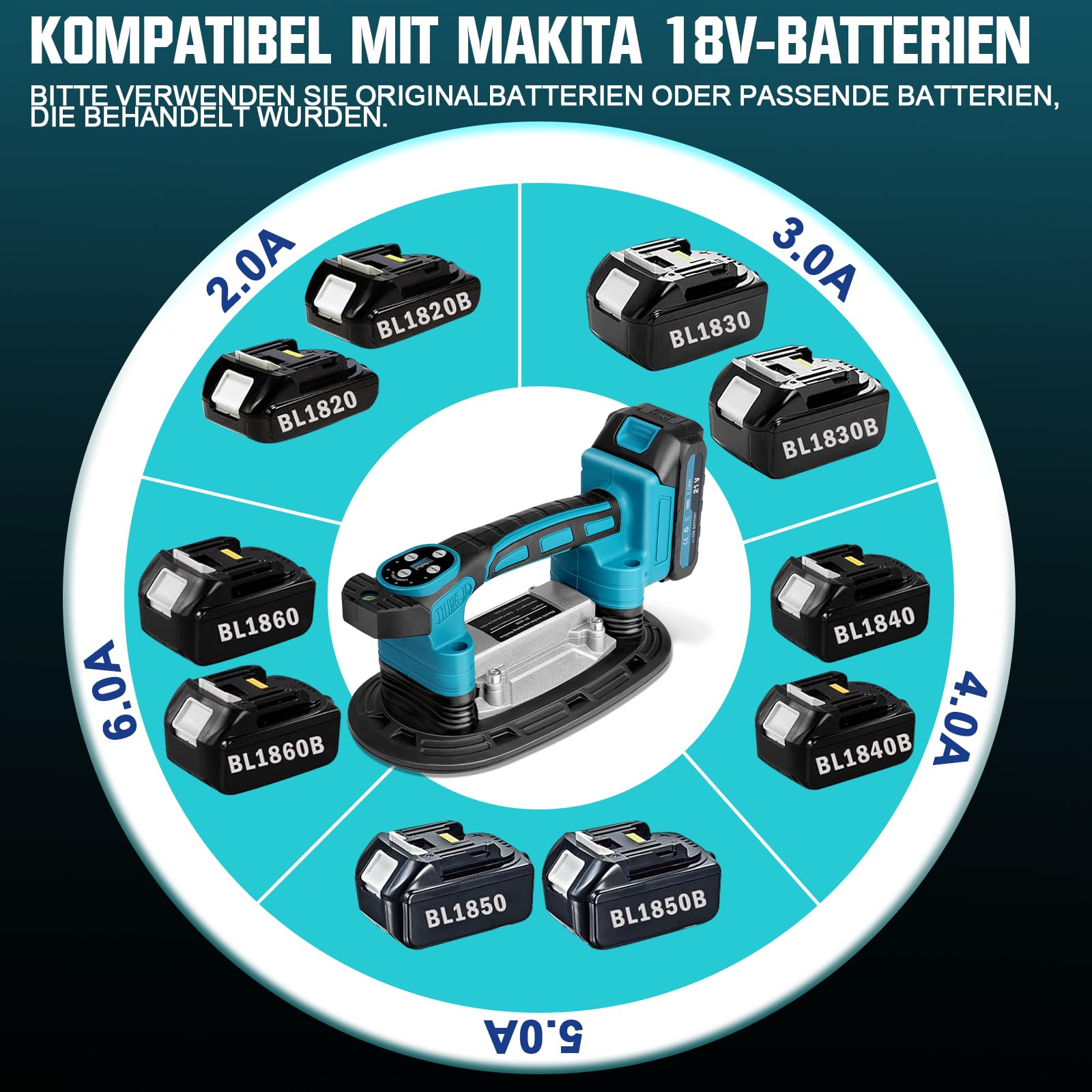 2 IN 1 Akku Fliesenrüttler & Saugnäpfen Kompatibel mit Makita 18V Akku, Fliesenvibrator mit 22.5x12 Saugnapf | 250KG Adsorption | 9 Gang Einstellbaren für 0.3-1.8m Fliesen Wandfliesen (Ohne Batterie)
