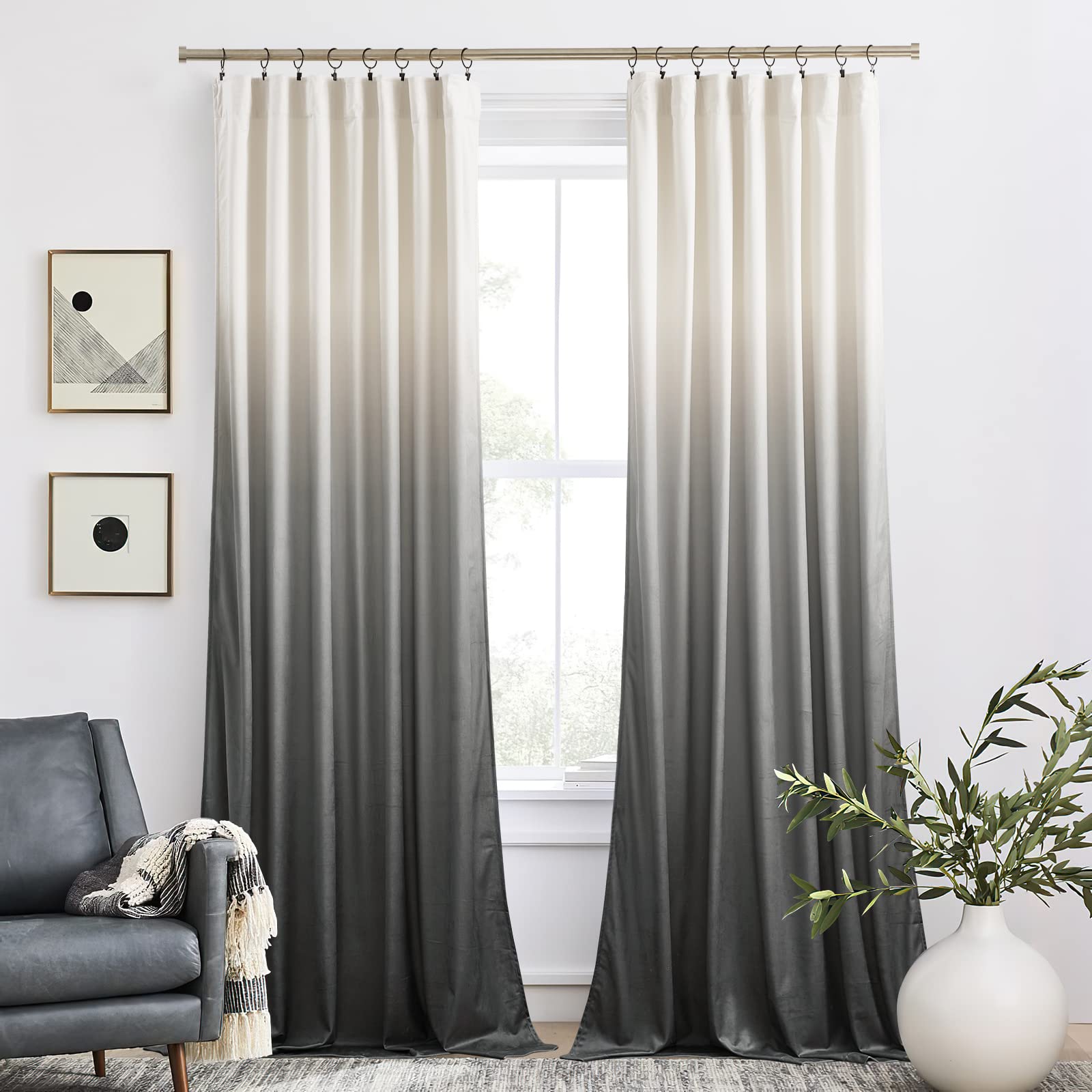 NICETOWN Ombre Velvet Curtains 84 inches Length for Windows, Luxury Vertical Velvet Drapes Gradient Room Darkening Curtains for Bedroom/Living Room, Grey, 100" Width Total 2 Panels