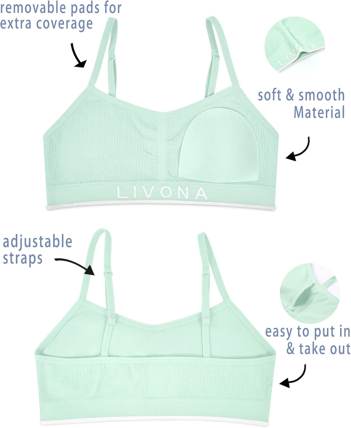 Livona Training Bras for Girls-Sports Bra for Teen Wireless Fitness Padded Everyday Bralette Crop Cami Tank Top(6-14)