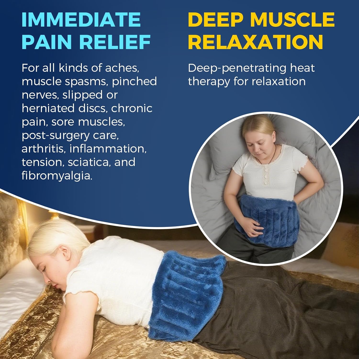 Microwave Heating Pad for Back Pain Relief, Waist, Periods Cramps - Wearable Microwavable Heating Pads with Flax Seed for Moist Heat Therapy for Sciatica, Unscented Heat Pack（Navy Blue）