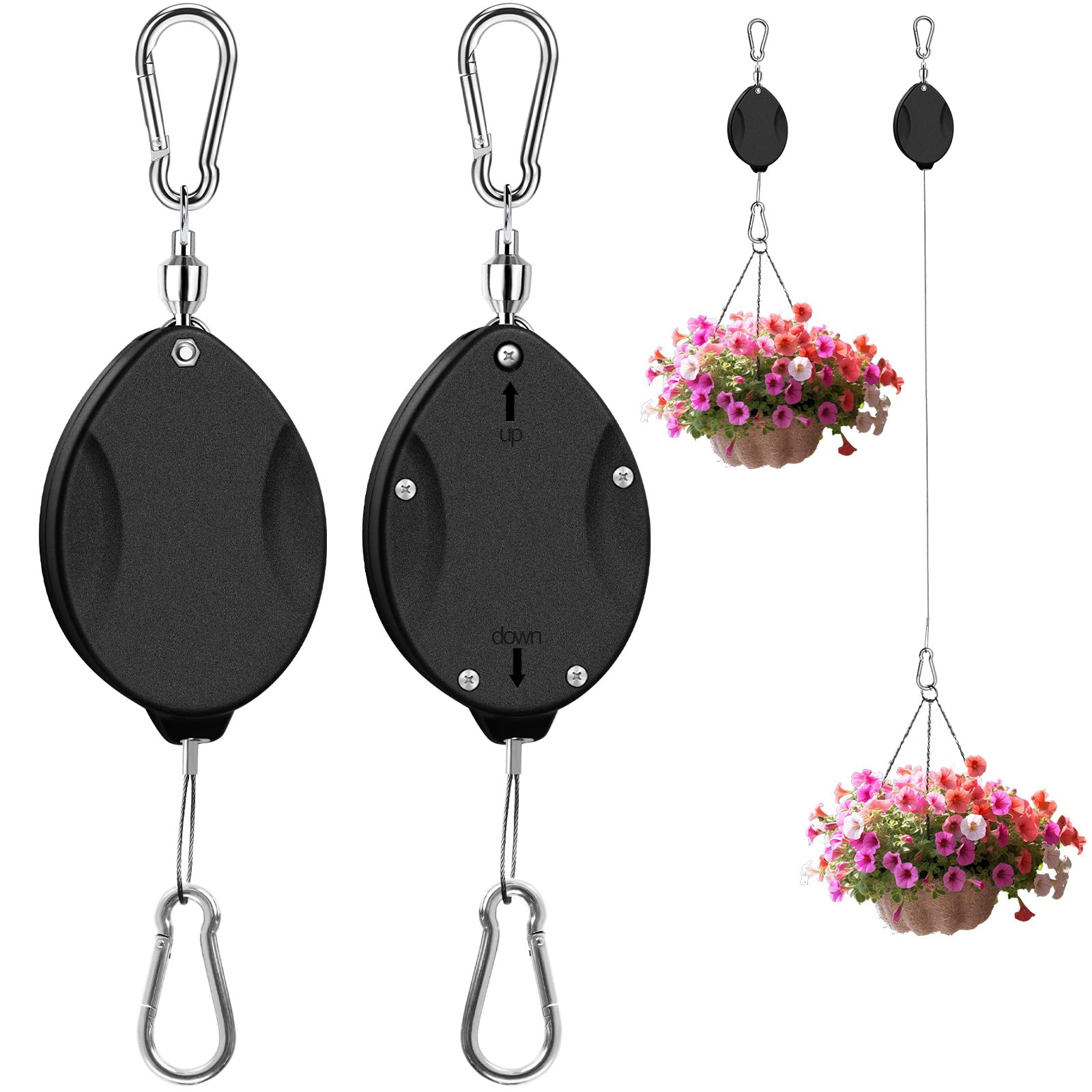 ZUZUAN 2Pcs Heavy Duty Retractable Plant Hanger, 44lbs Load, Auto Lock, Adjustable Hook for Hanging Plants, Bird Feeders, Wind Chimes, Garden Pots,Rust-Proof Stainless Steel,Black