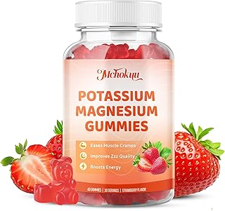 Potassium Magnesium Gummies, High Absorption Magnesium Glycinate, Magnesium Potassium Supplement with Vitamin B6 D3 B12 for Leg Cramps & Muscle Health, Sugar-Free Strawberry Flavor 60 Count