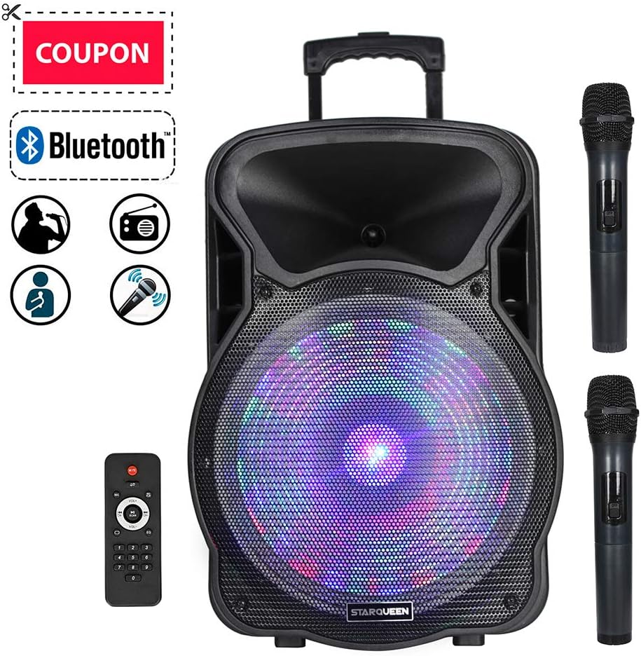 STARQUEEN 15" Portable Pa System Bluetooth Rechargeable Speaker with Wireless Microphone Remote Control and LED Party Lights, AUX/USB/TF Input, FM Radio for Speaker Stand
