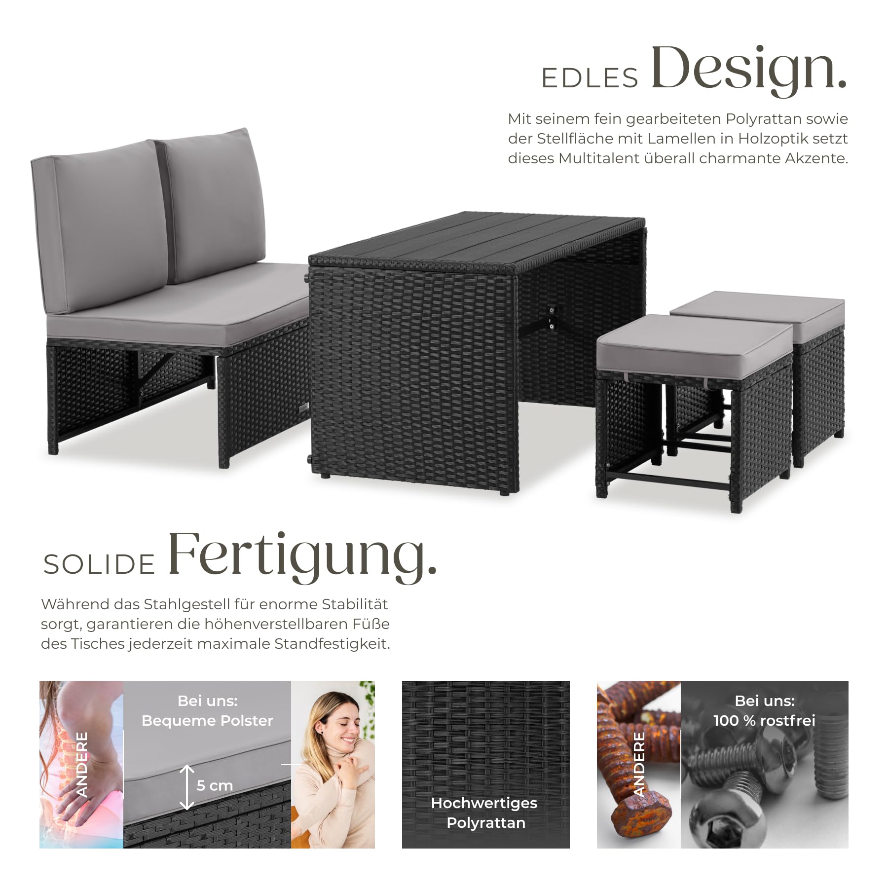 tectake® 2in1 Rattanlounge für 4 Personen, Set mit Tisch mit Schraubfüßen, Tischoberfläche in Holzoptik, Polyrattan Gartenmöbel, als Gartensofa oder Sitzgruppe, Terrassenmöbel, Lounge - schwarz