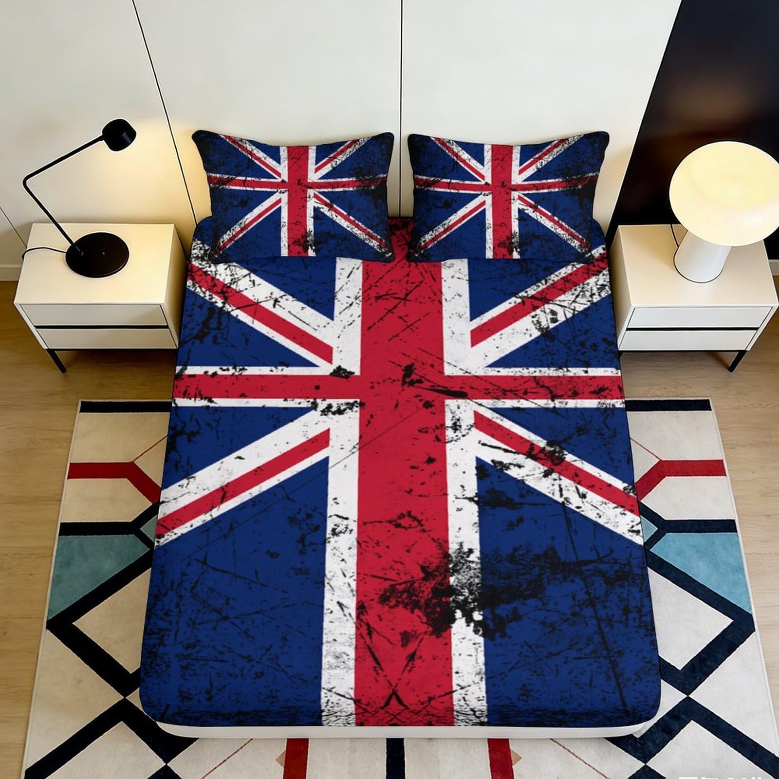 3D Printed Union Jack Fitted Sheet Microfiber Durable 3D Printed British Flag Mattress Cover for Bedroom Dormitory Guest Room Protection Decor 120x200x25cm