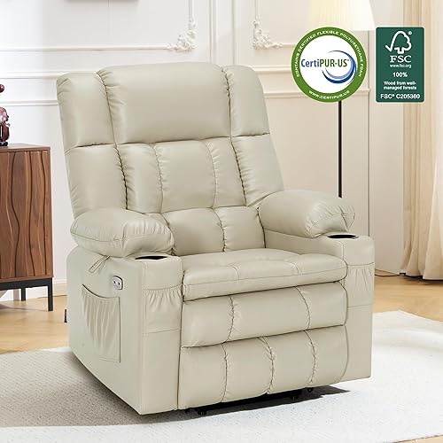 Miniatura 89 de MCombo Silla reclinable eléctrica de doble motor para personas mayores, silla elevadora plana con calor y masaje, portavasos, puertos USB, piel