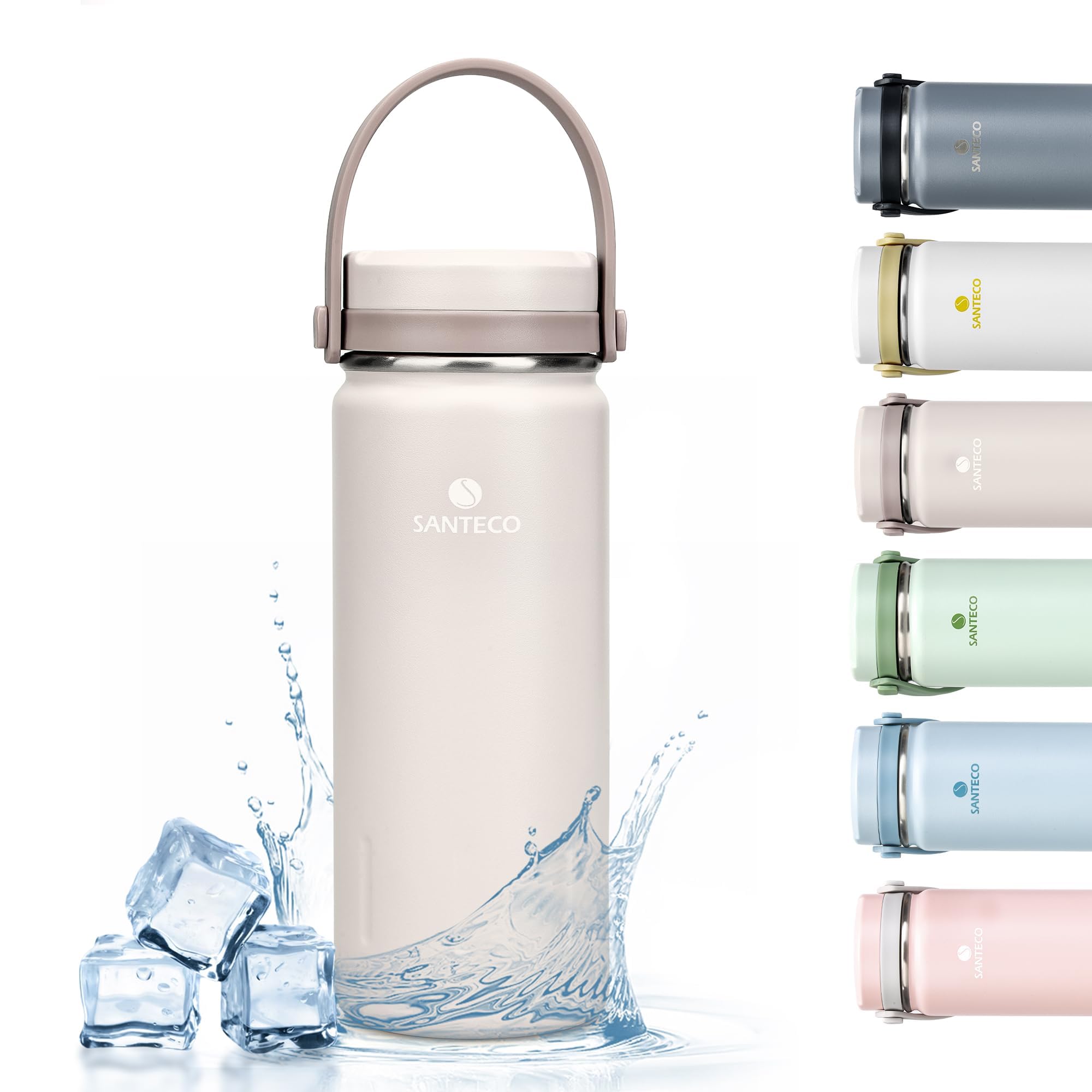 SANTECO 380 ml-13 oz Insulated Sport Water Bottle with Handle, Stainless Steel Flask for Hot Drink- Lite Brown