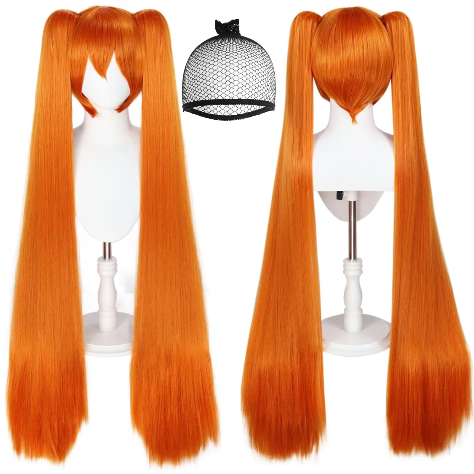 ANOGOL Hair Cap+48inch/120cm Orange Wig with Double Ponytails Wigs Long Straight Orange Ponytail Cosplay Wig with Bangs Synthetic Hair Anime Wigs