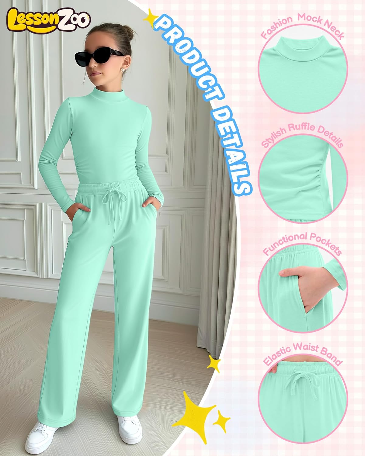 Girls' 2 Piece Outfits Lounge Set Mock Neck Long Sleeve Top Wide Leg Pant with Pocket Casual Sweatsuit Clothing Set - Image 5