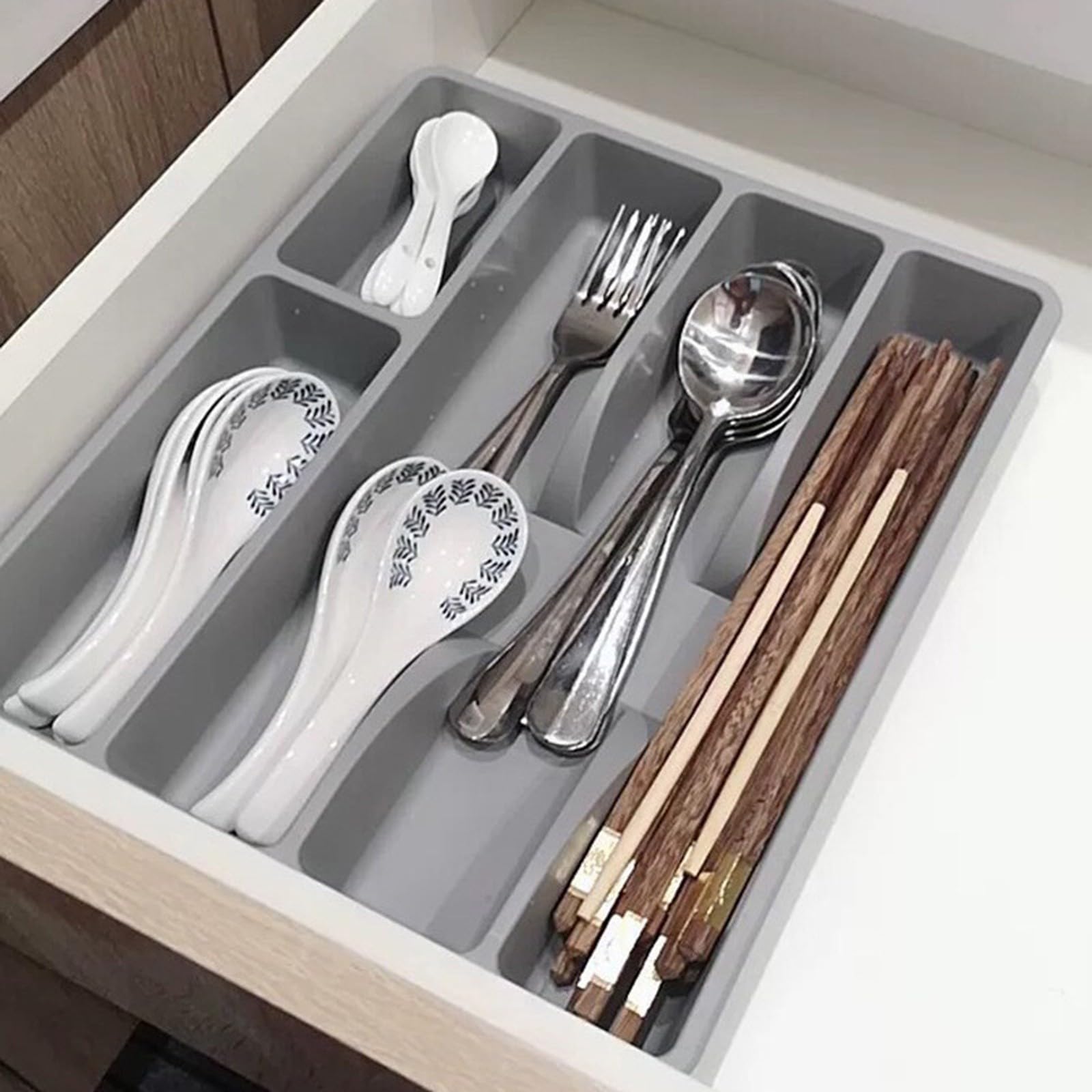 Cajón de cubiertos expandible, soporte grande de plástico ajustable para utensilios de cocina, bandejas de cubiertos para tenedor, cuchara, almacenamiento de cuchillos (gris, talla única)