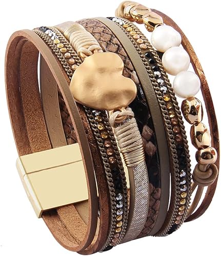 Miniatura 4 de AZORA Pulsera de cuero para mujer, pulseras barrocas con perlas envolventes, magníficas pulseras de tubo de oro, pulseras hechas a mano, joyería