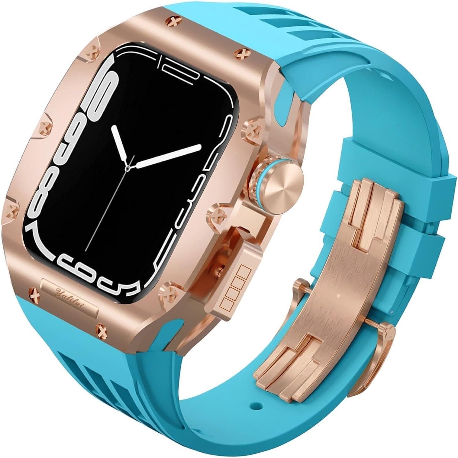 Titanium Alloy Watch Case+Fluororubber Watch Band Luxury RM Modification Kit，For Apple Watch 8 45mm 6 5 4 44mm Mod Kit Alloy Wath Cover