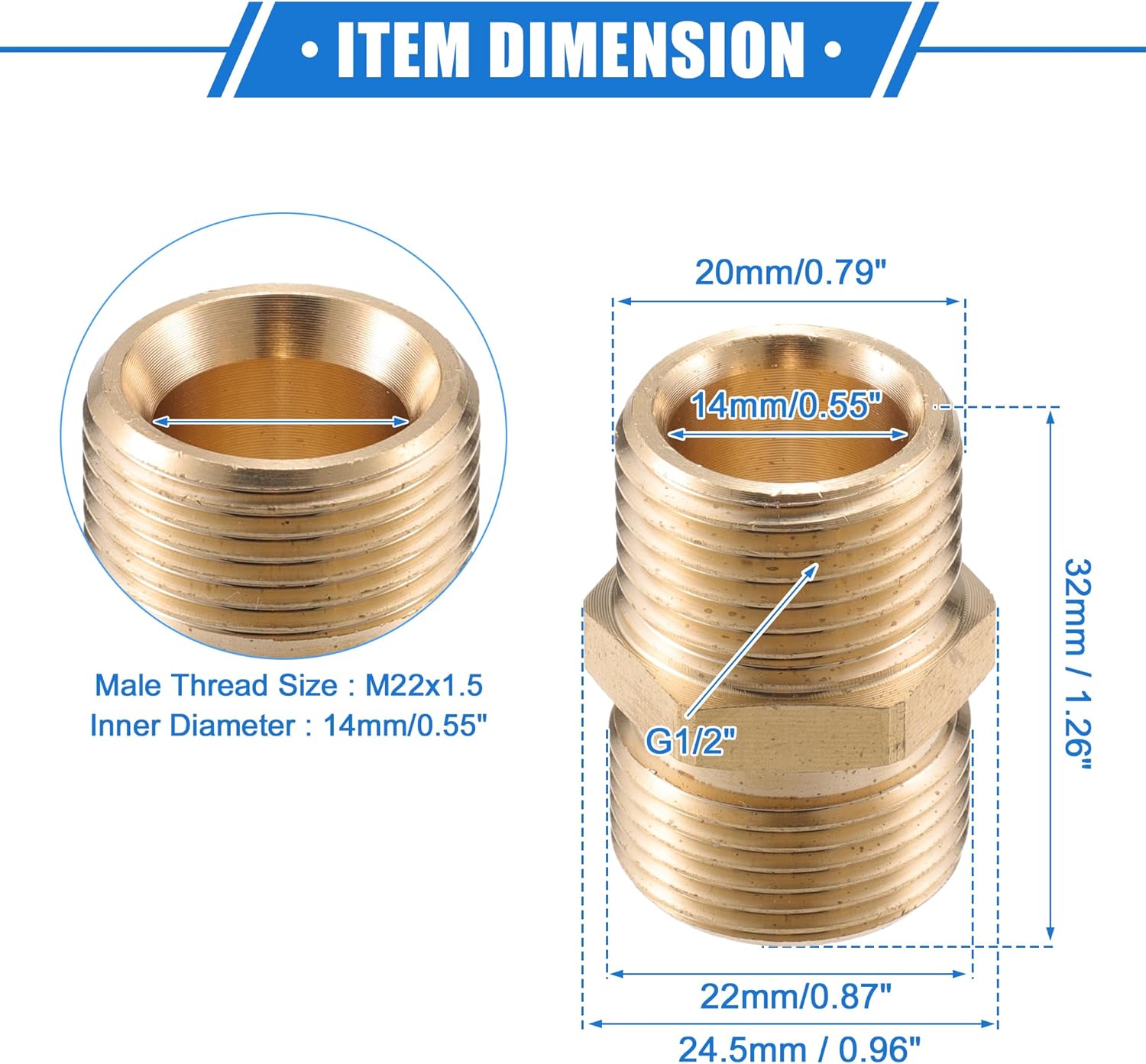 Pressure Washer Connector, G1/2" to 14mm M22x1.5 Male and Female Adapter Brass Screw Hose Connector Universal for Pressure Washer Brass Copper Tone 1pc
