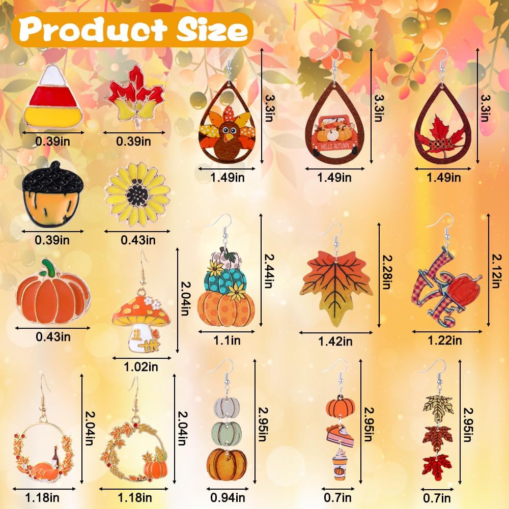JOICEE 34 PCS Fall Thanksgiving Earrings Set,Autumn Earrings Set Pumpkin Turkey Maple Leaf Sunflower Wooden Dangle Earrings Stud Jewelry Earring Double Sided Print for Women Decor Halloween Party Gift - Image 2