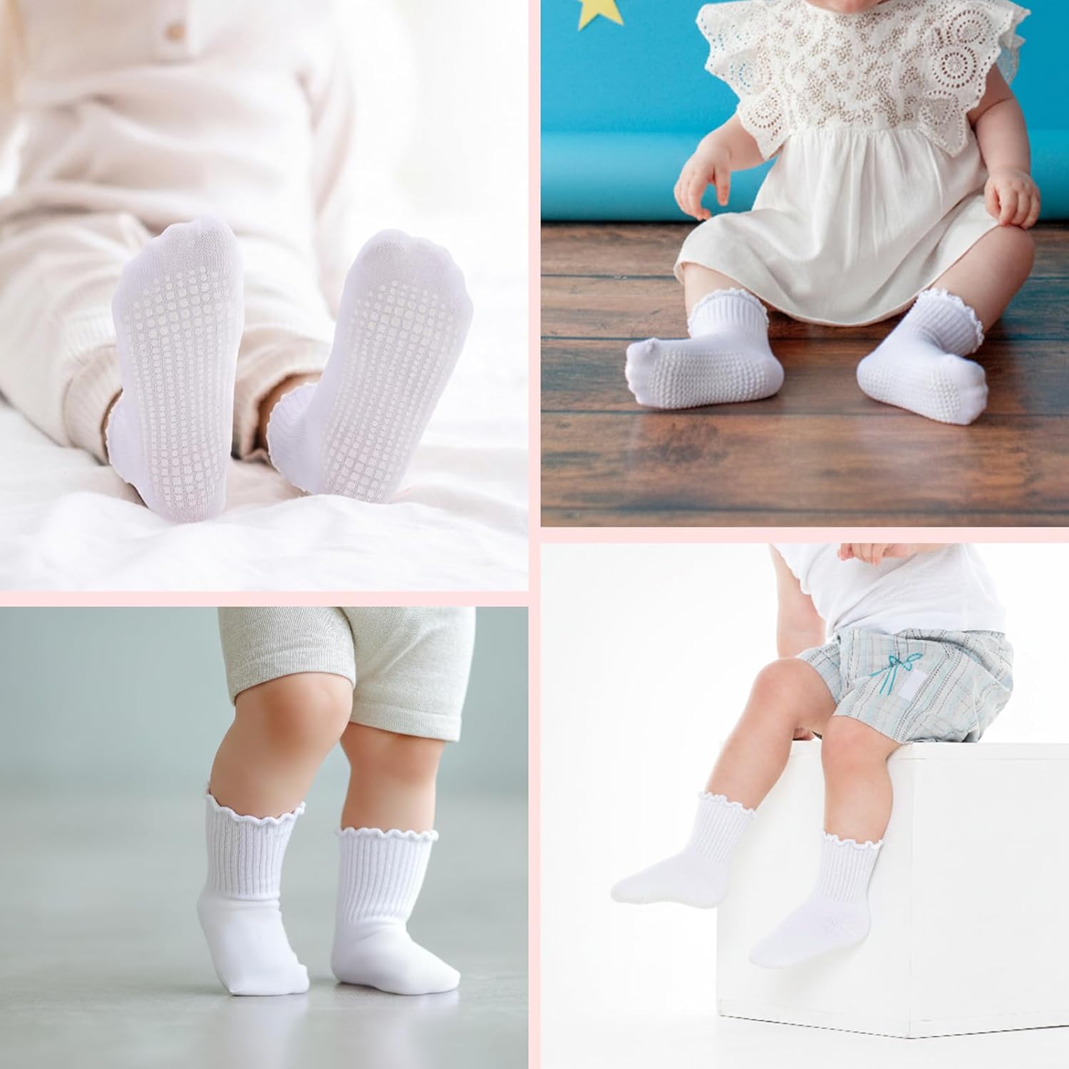 6/12 Pairs Non Slip Toddler Ruffle Socks for Girls Cotton Frilly Socks with Grips for 1-3 Years Girls