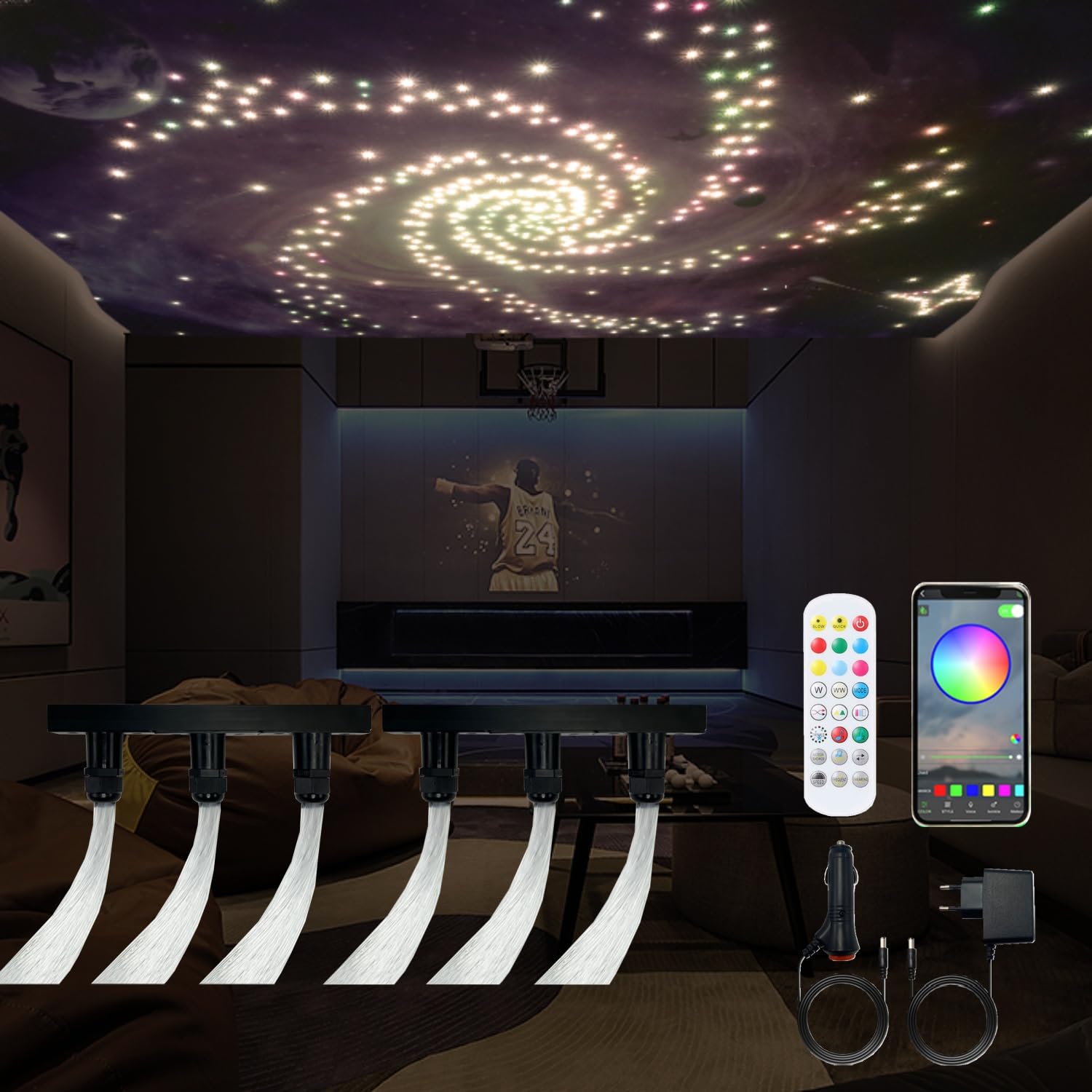 GIDEALED Twinkle Starry Sky Light de fibra óptica para coche y hogar, 600 unidades x 3 m x 0,75 mm Juego de luces de techo estrella con aplicación/control remoto RGBW Fiber Optic Light Music, función