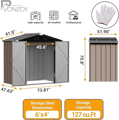 Miniatura 5 de VONZOY Cobertizo de almacenamiento para exteriores de 6 x 4 pies con puerta con cerradura individual, cobertizo de metal galvanizado adecuado para