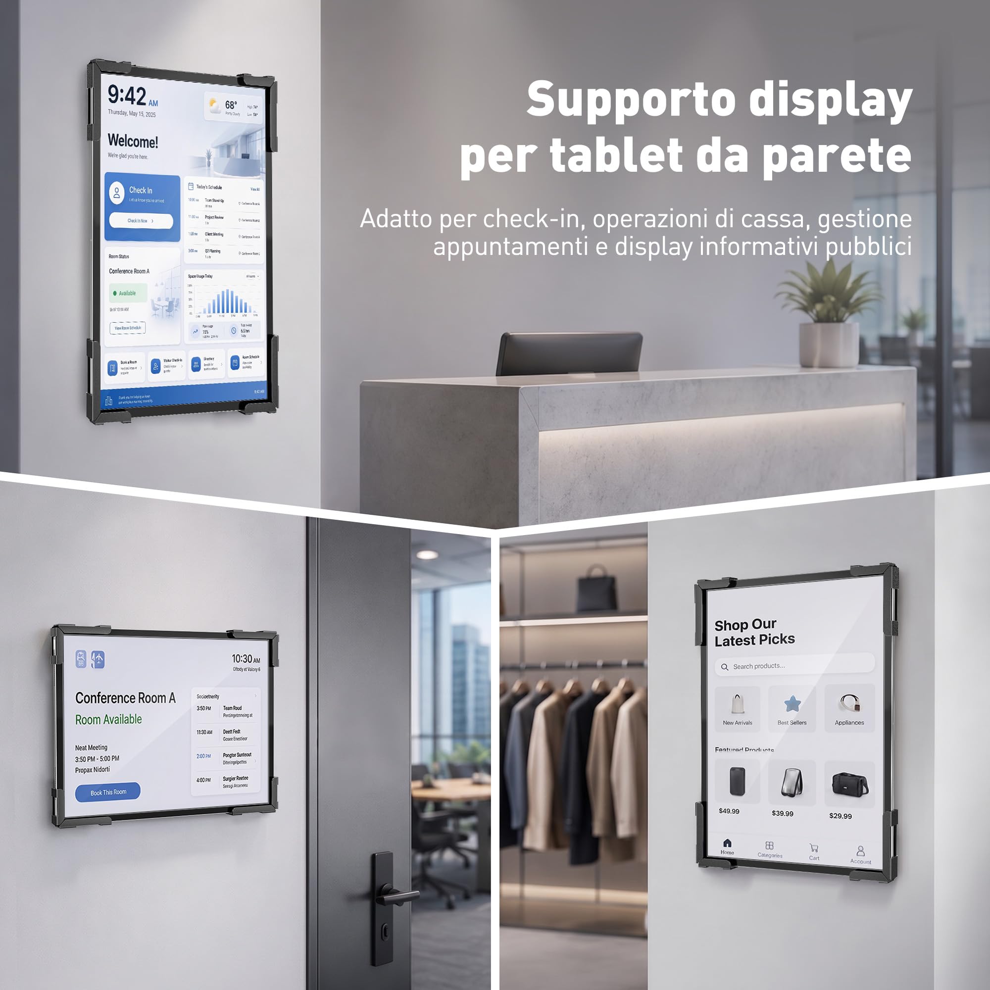 AboveTEK Supporto da Parete Universale per Tablet 9,7-13", Supporto Tablet da Muro con Blocco di Sicurezza, Rotazione 360°, Acciaio Robusto, per POS, Reception, Ufficio, Negozi