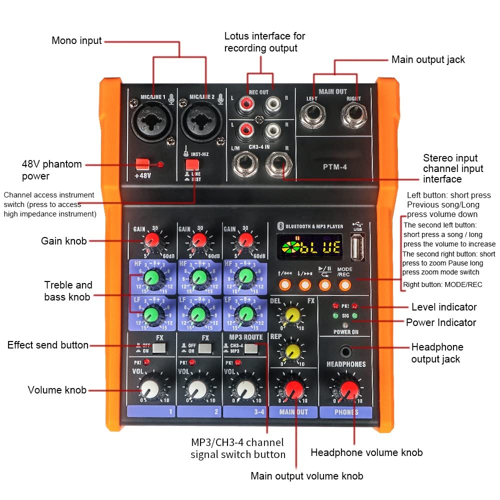 PTM-4 Mixer Audio Mixer Console DJ con scheda audio USB 48V Phantom Power per PC Registrazione Canto Webcast Party