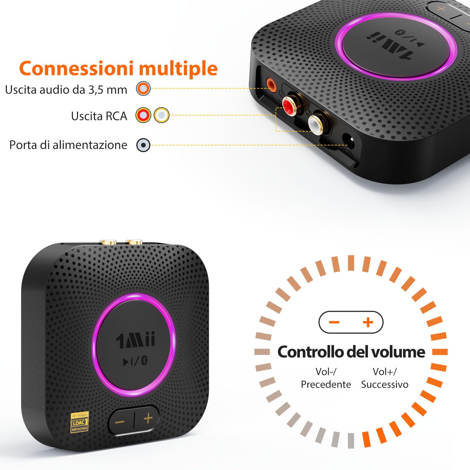 1Mii B06S+ Ricevitore Bluetooth 5.3 HiFi LDAC Adattatore Audio con Jack AUX 3.5mm RCA aptX Bassa Latenza 100ft Controllo Volume