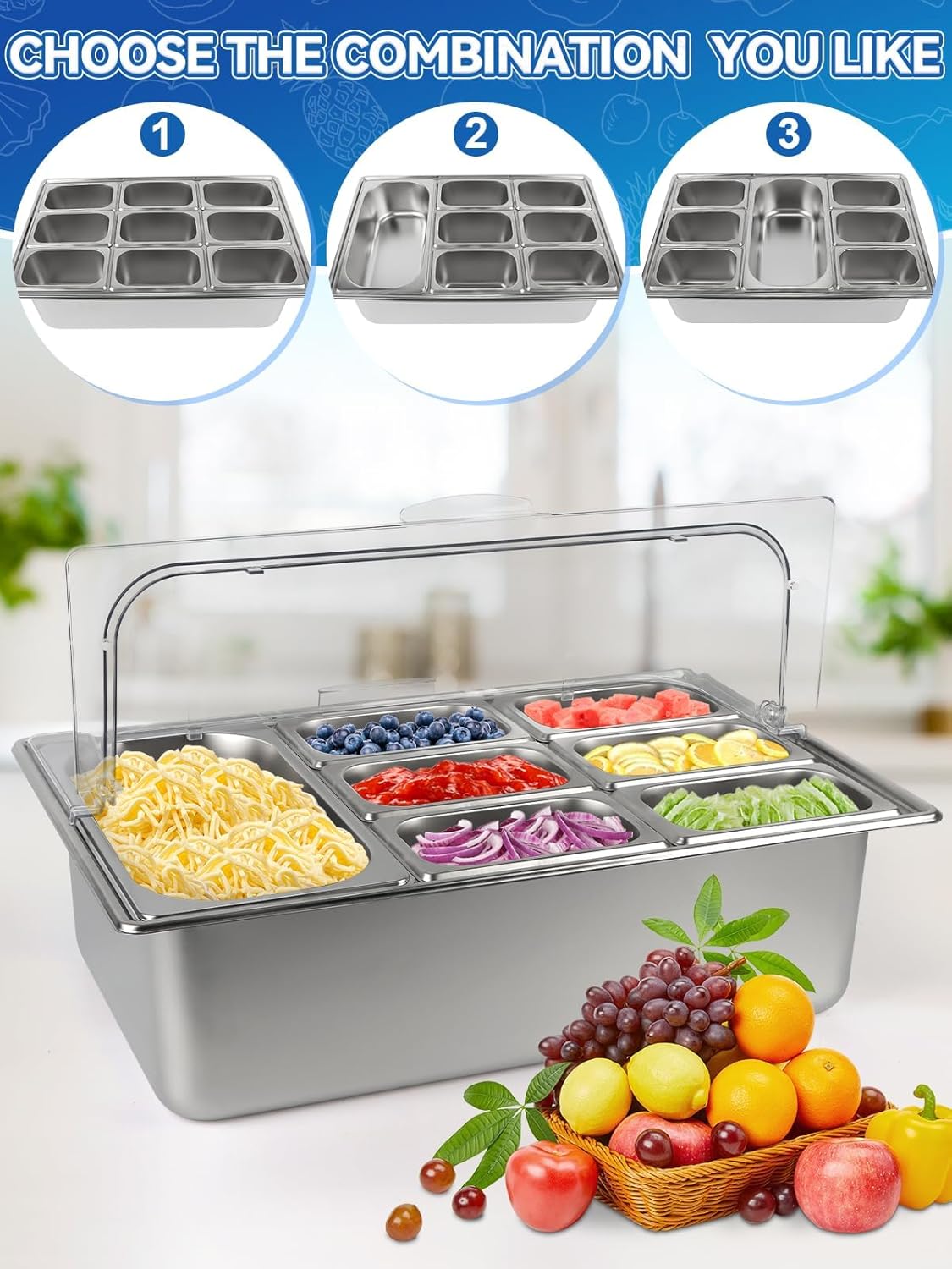 Lanstics 9 Pans Spice Rack Shelf 2 Row Stainless Steel Spice Organizer Stand with Lids Spoons Countertop Inclined Holder Buffet Containers Set for Sauce Jam Fruits Ingredient Kitchen Restaurant Pantry