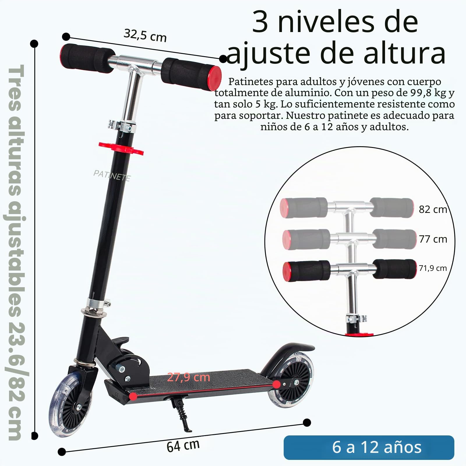 Scooter para niños de 2 Ruedas 5-8años,Volante Plegable,Regulable en Altura | Roller para niños con ruedas luminosas, scooter para niños plegable, ruedas iluminadas, freno trasero