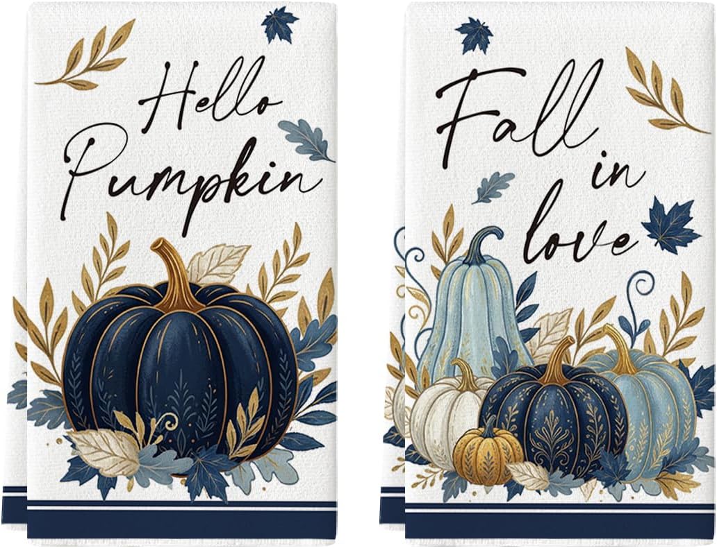 Artoid Mode Blue Pumpkin Fall Kitchen Towels Set of 2 18x26 Inch