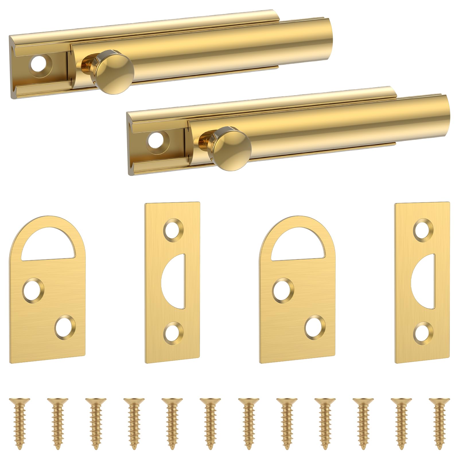 2 Pack Solid Brass Slide Bolt Latch, Heavy Duty Gate Door Lock Catch, Surface Mounted Barrel Bolt for Wood/Metal Swing Doors, Shed, Fence, Garden & Indoor Bathroom (Not for Sliding Doors)(Brass)