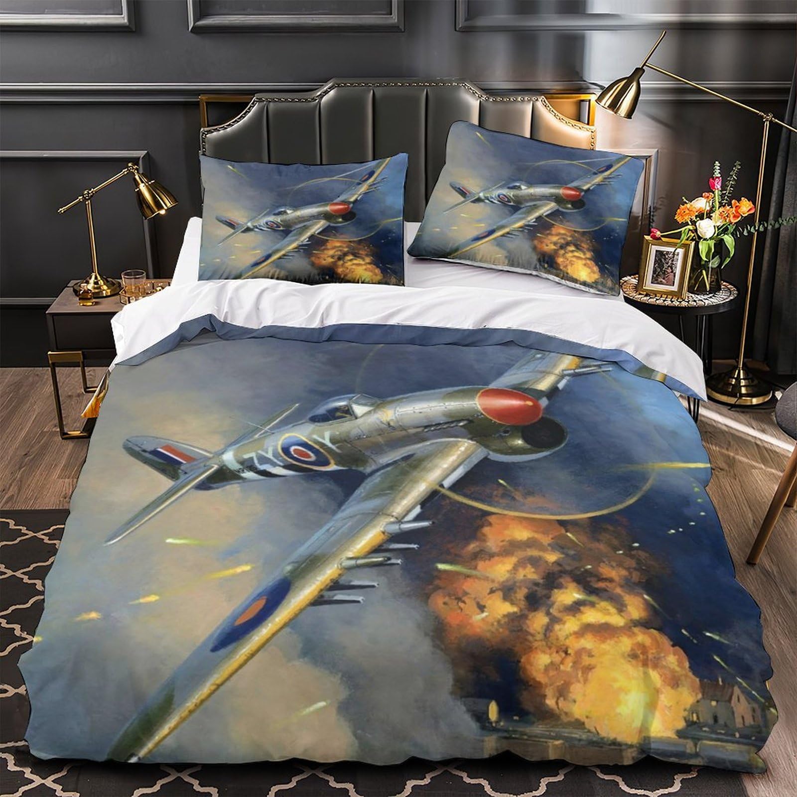MJASVNDFO British Spitfire Fighter Quilt Cover for Boys Girls Comforter Covers 3D Print Military Duvet Cover Soft Microfiber Bedding Set with Pillow Cases with Zipper Closure 3 Pieces King（220x240cm）