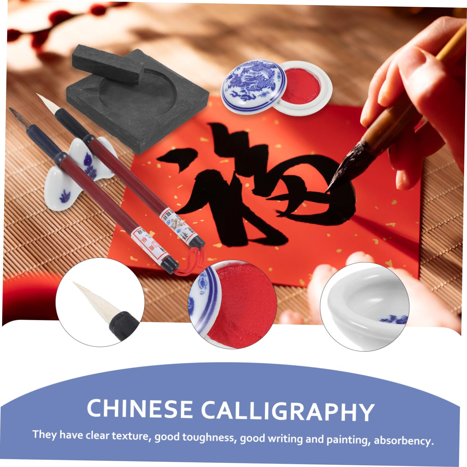 Pincel de caligrafía china, 3 juegos Cuatro tesoros del estudio Juego de caligrafía Tinta de caligrafía china Kit de caligrafía Accesorio de estudio Kits de pluma de caligrafía for principiantes Pince
