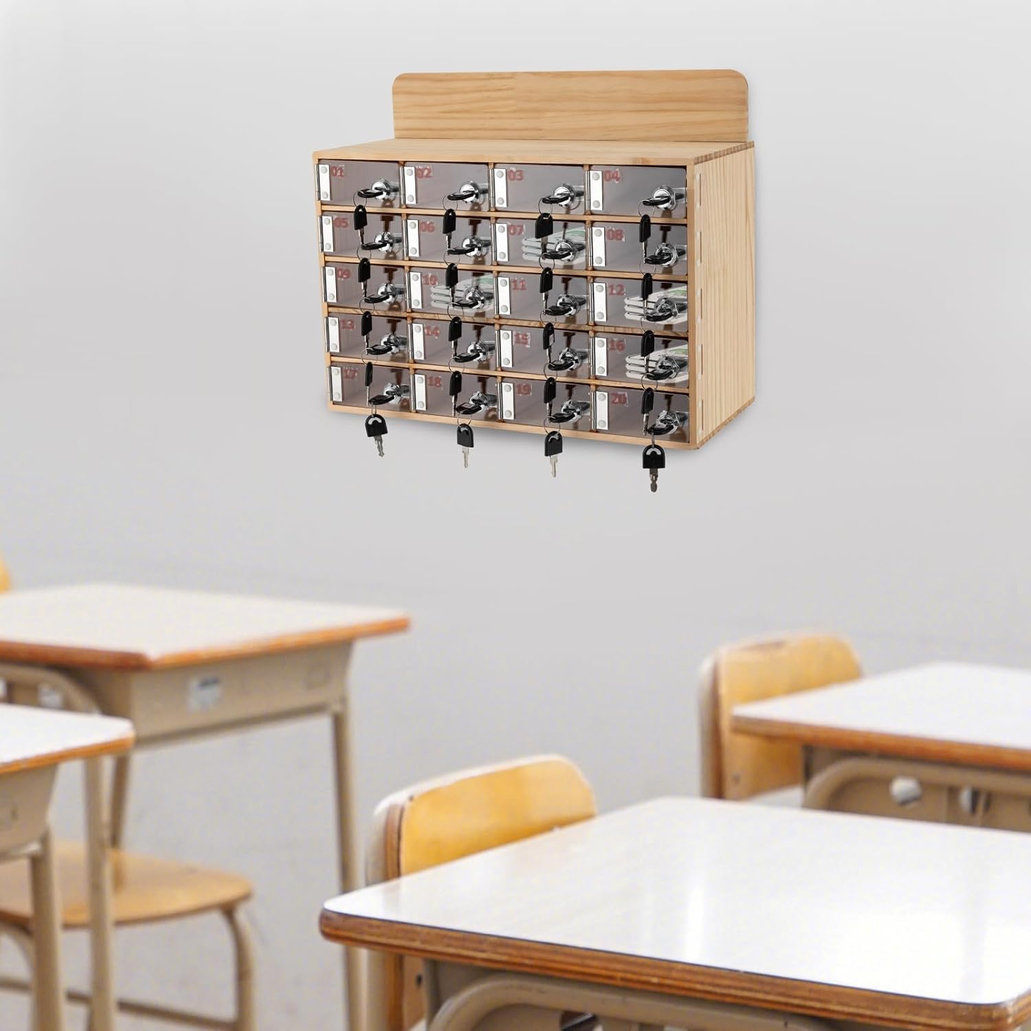 Wooden Cell Phone Locker Box Wall Mounted, Clear Cellphone Storage Cabinet, Cell Phone Holder Cellphone Locker Box with Keys, Acrylic Phone Box for Classroom Office Factory Labs (20 Slots)