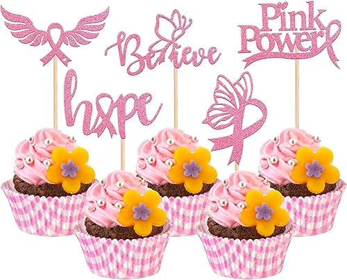 Miniatura 8 de Paquete de 30 adornos para cupcakes con purpurina para concientización sobre el cáncer de mama, decoraciones de cáncer de mama para Believe Hope,