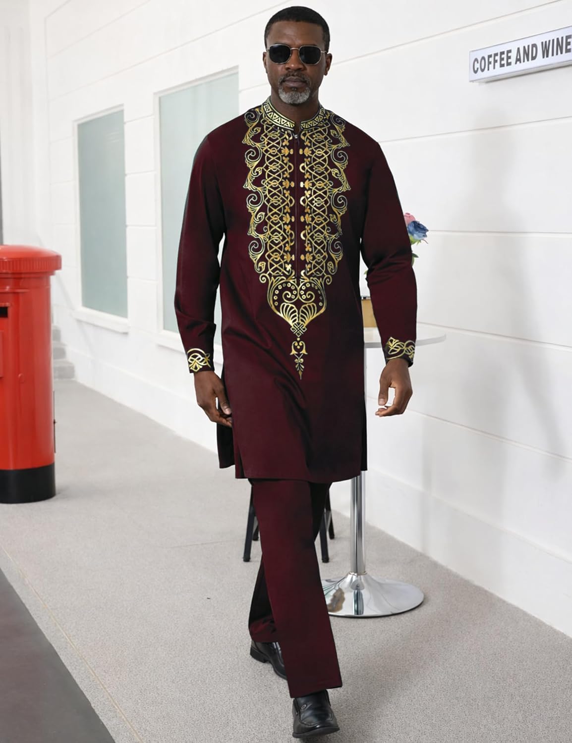 Mens African 2 Piece Set Half Zipper Nigerian Dashiki Metallic Shirt and Pants Outfit Gold Stamp Long Traditional Suit - Image 3