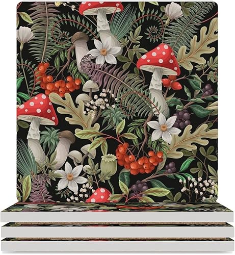 Miniatura 9 de Posavasos botánicos, posavasos redondos de cerámica redondos, 4 unidades, diseño de plantas vintage, diseño botánico de dibujos animados, hongos