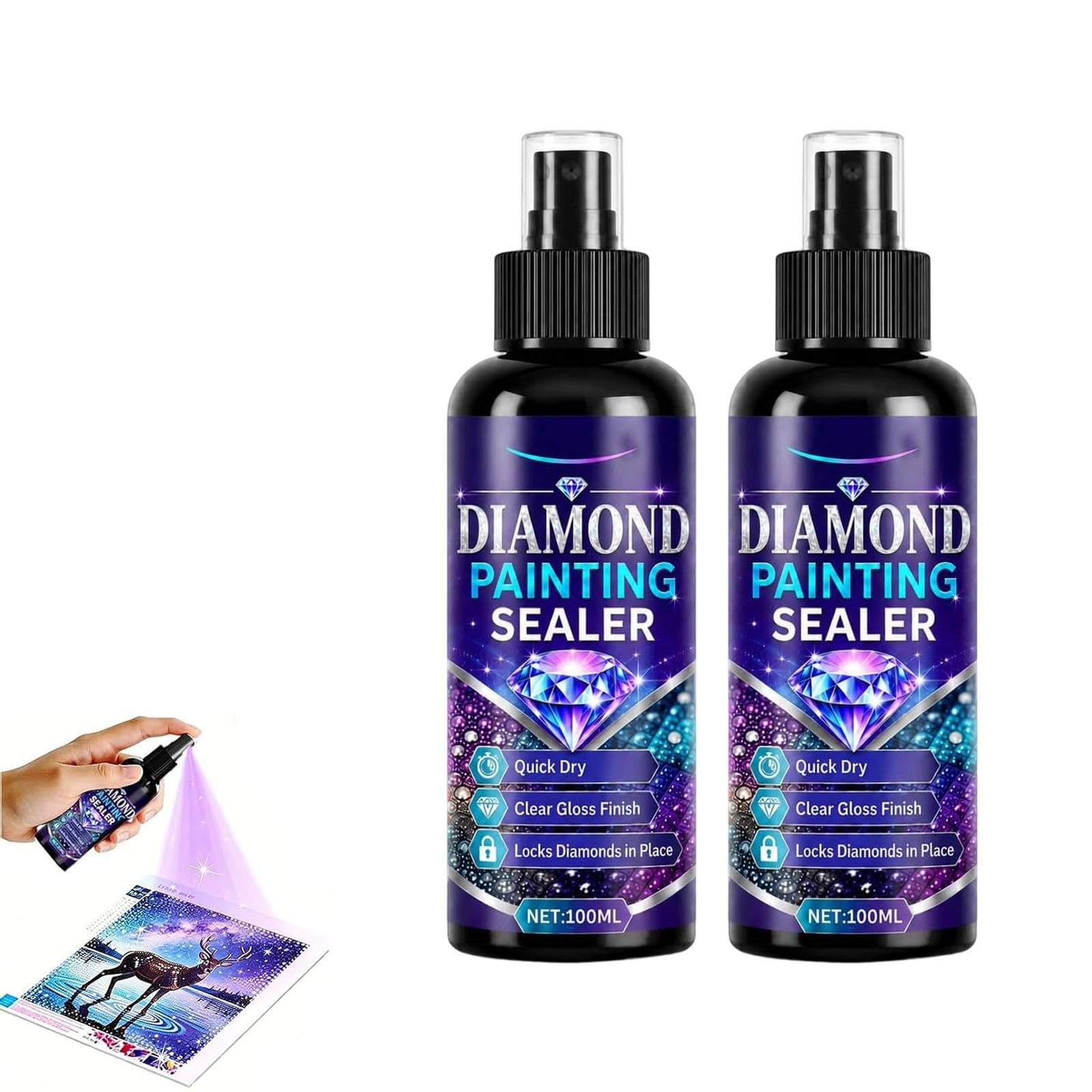 Diamond Painting Sealer Spray, Diamond Art Sealer – Locks Beads, Quick Dry Gloss Finish Sealant, Lasts & Secure Fixing, Clear Protective Coating to Secure Drills for Art Puzzles (2PCS*100ml)