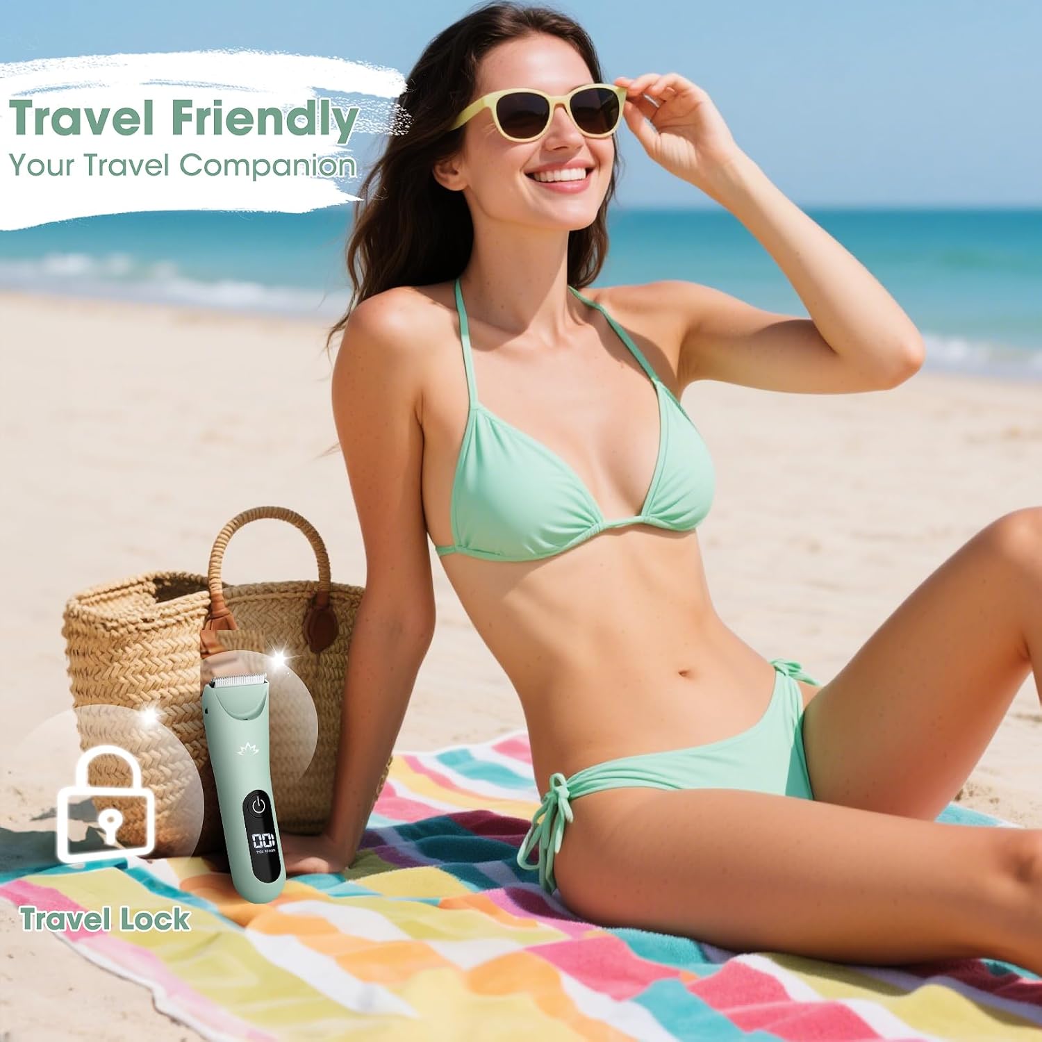 Bikini Trimmer for Women, Painless Pubic Hair Trimmer for Armpit Leg Arm Body Private Area,Rechargeable Womens Electric Razors Shaver LED Light Ceramic Blade IPX7 Waterproof Wet/Dry LCD Display,Green - Image 8