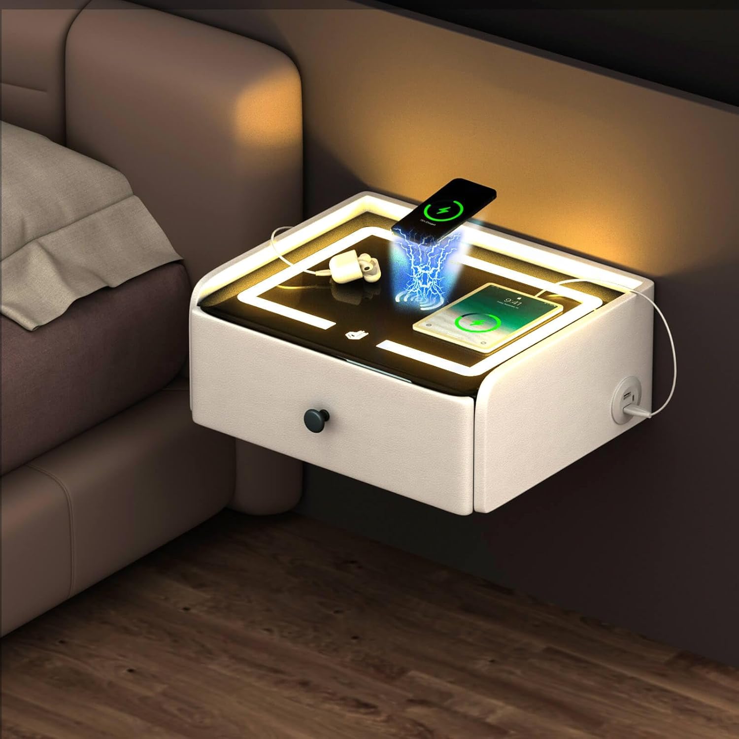 HOMEMORE Smart Nightstand Floating Bedside Table LED