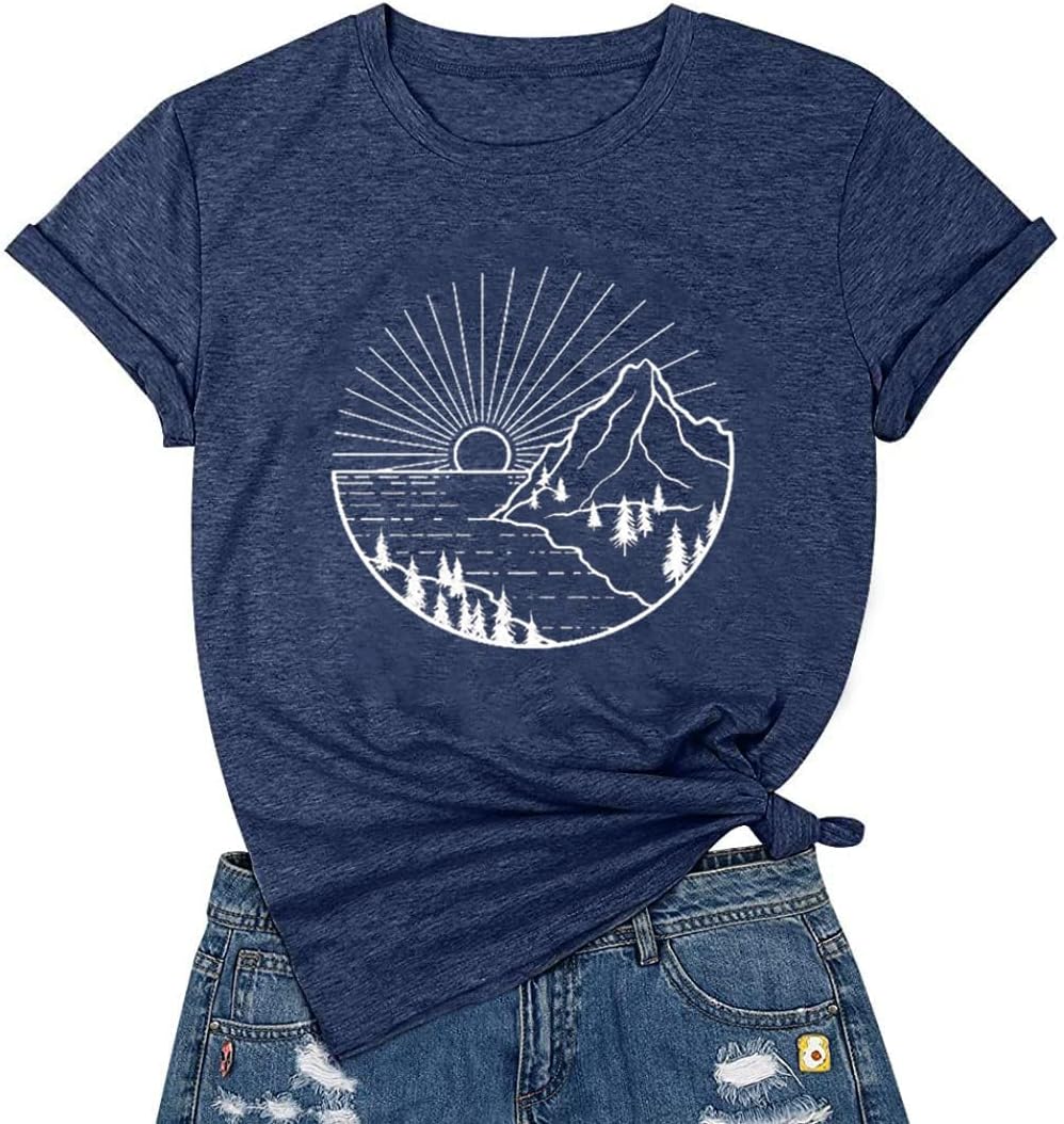 Hiking Shirt for Women Mountain Adventure Camping T Shirt Nature Sunrise Graphic Casual Outdoor Vacation Tees Tops