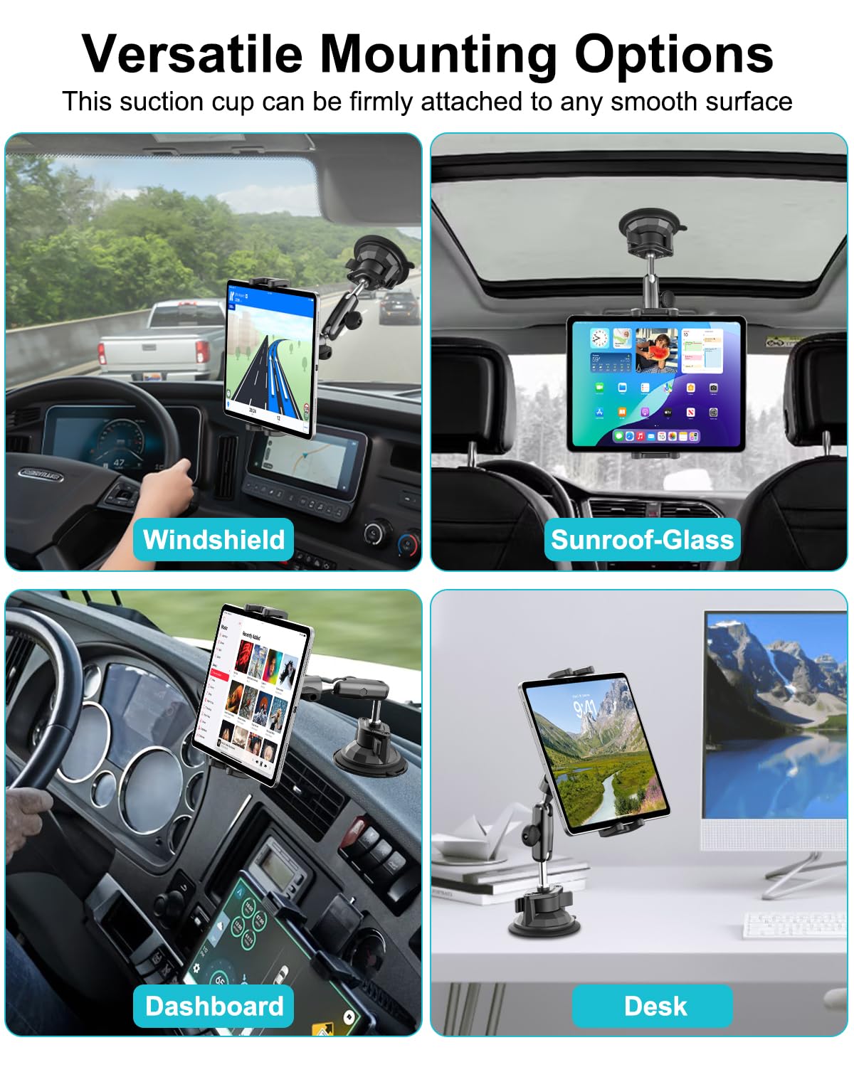 Soporte Tablet Ventosa Fuerte [Brazo Aluminio Robusto] Soporte Tablet Coche Salpicadero Parabrisas Rotación de 360° para iPad 10,9 iPad 12.9 Air Mini, Galaxy Tab, iPhone, 4-13" Tableta