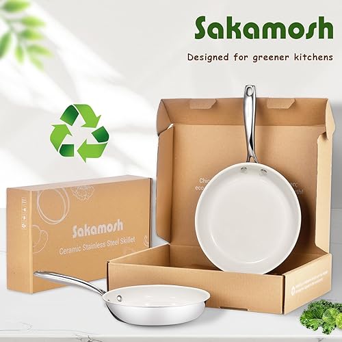 Miniatura 7 de Sartén de cerámica antiadherente de 8 pulgadas, sartén de acero inoxidable de tres capas con mango que se mantiene fresco, libre de PFASPFOAPTFE, no