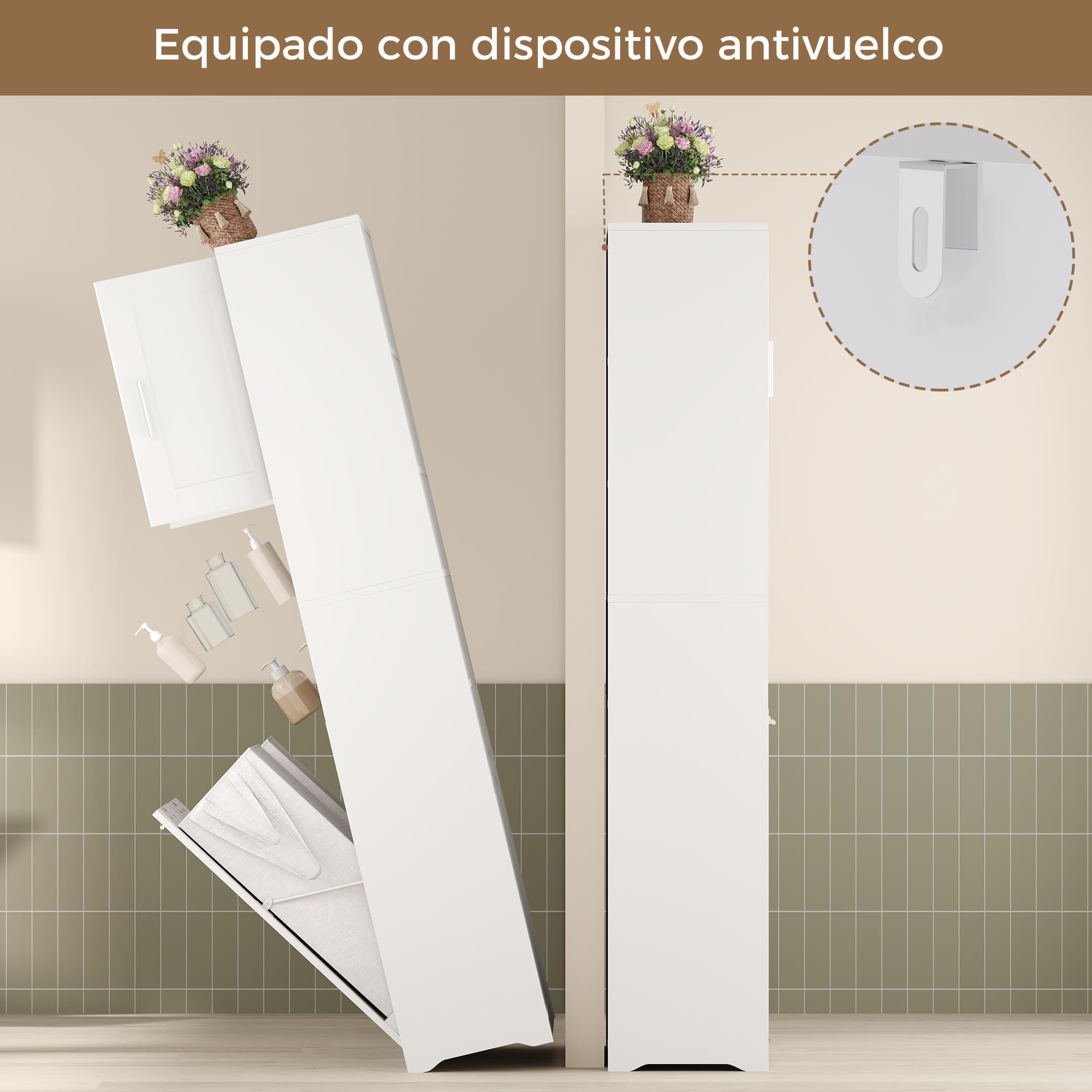 Armario de Baño Alto con 2 Cestas Desmontables para Ropa Sucia | Mueble de Baño con Cestos Extraíbles con Asas, Estante Regulable y Kit Antivuelco, para Baños y Lavadero 30x60x170 cm