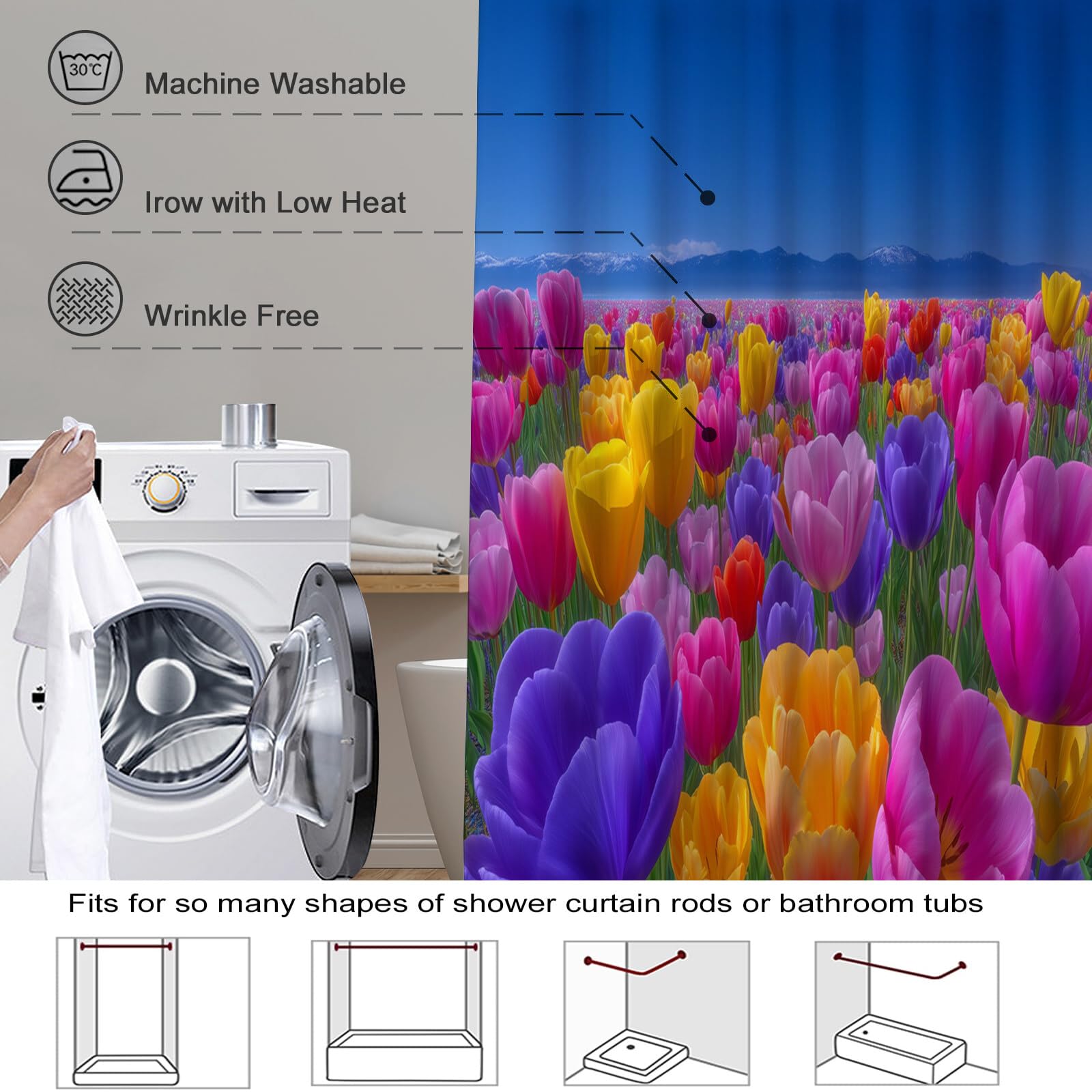 Rideau Douche,Rideau Baignoire Lavable en Machine Rideaux Douche Tissus Lavable Rideau De Baignoire Lavable pour Salle De Bain Domicile Baignoire Famille,Champs De Tulipes,200L X 240H Cm