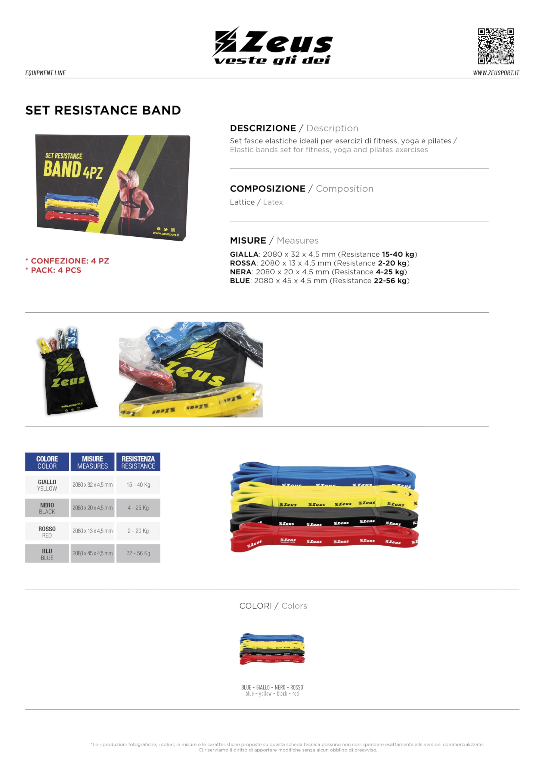 Set Resistance Band Comprende 4 Fasce Elastiche in Lattice per Zeus Sport Calcio Calcetto Relax Fitness Palestra Training Allenamento Esercizi Yoga Accessori Pilates