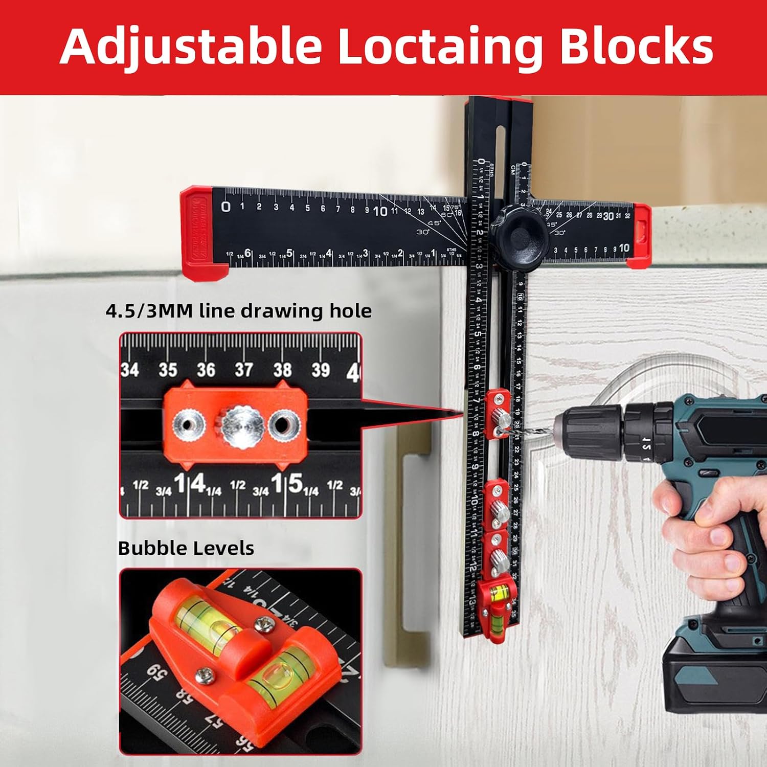 4 in 1 Drilling Ruler, Adjustable 14 inches/35 cm Multi-Function T-Square, Woodworking Marking Tool, Cabinet Hole Drilling Template for Precise Drilling Angle Measurement and Marking