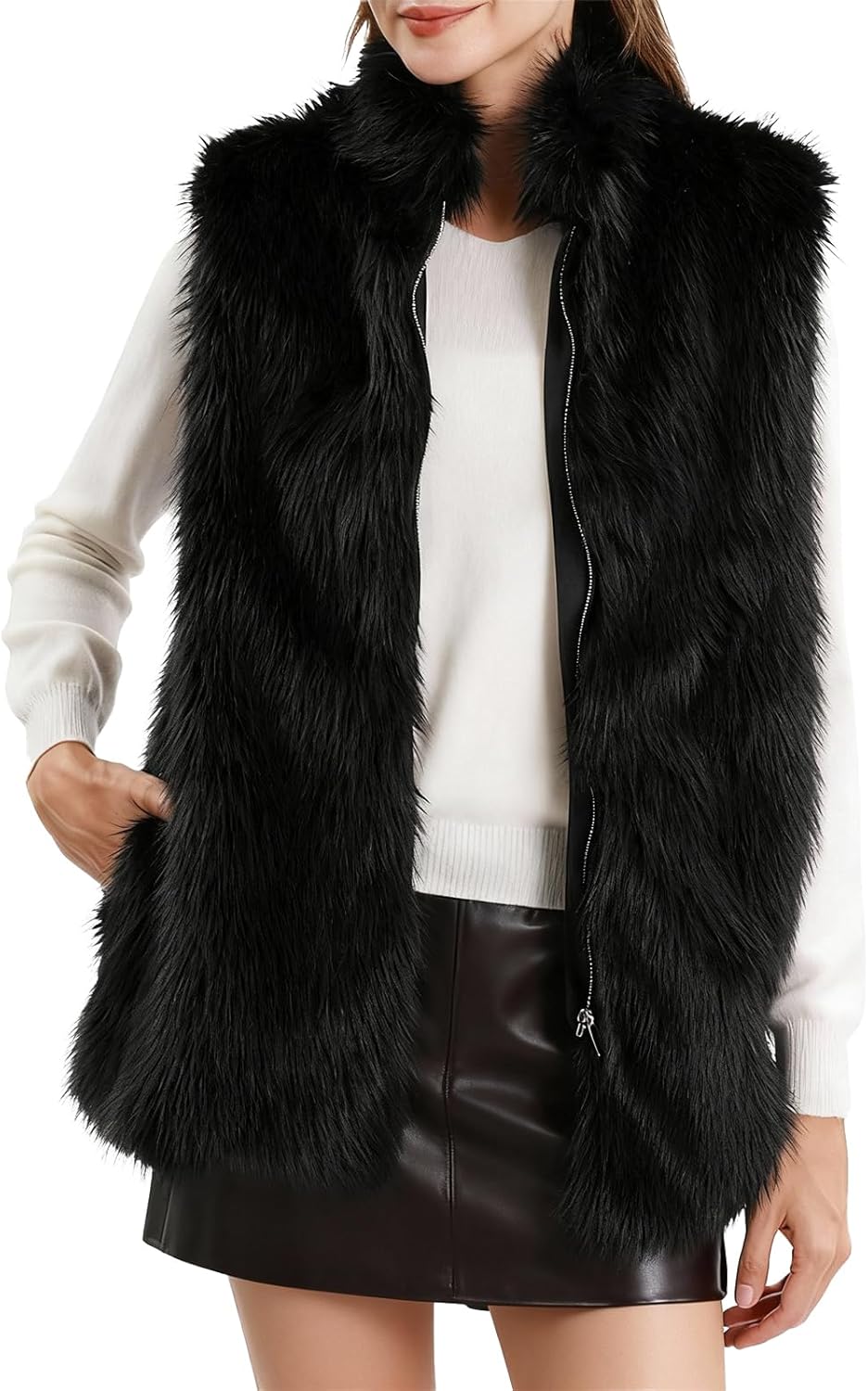 Amazhiyu Women's Faux Fur Zip Up Vest Stand Collar Sleeveless Jacket with Pocket
