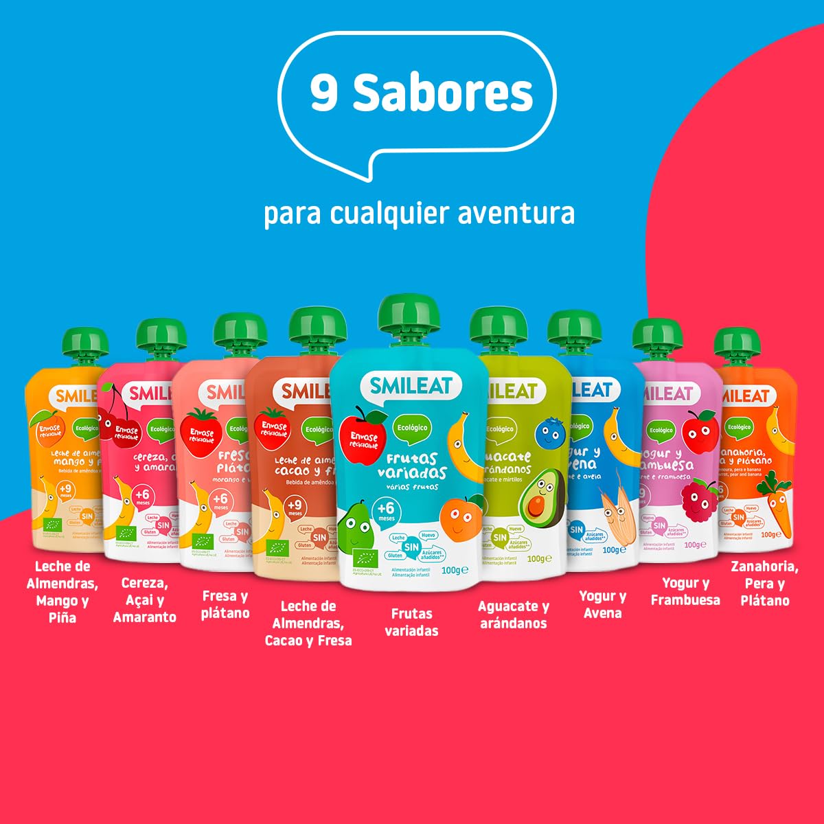 Smileat - Pouch de Frutas Ecológicas - Sin Sal ni Azúcar Añadido, Sin Gluten - Snack Práctico para Peques - Sabor a Cereza, Açai y Amaranto — view 6